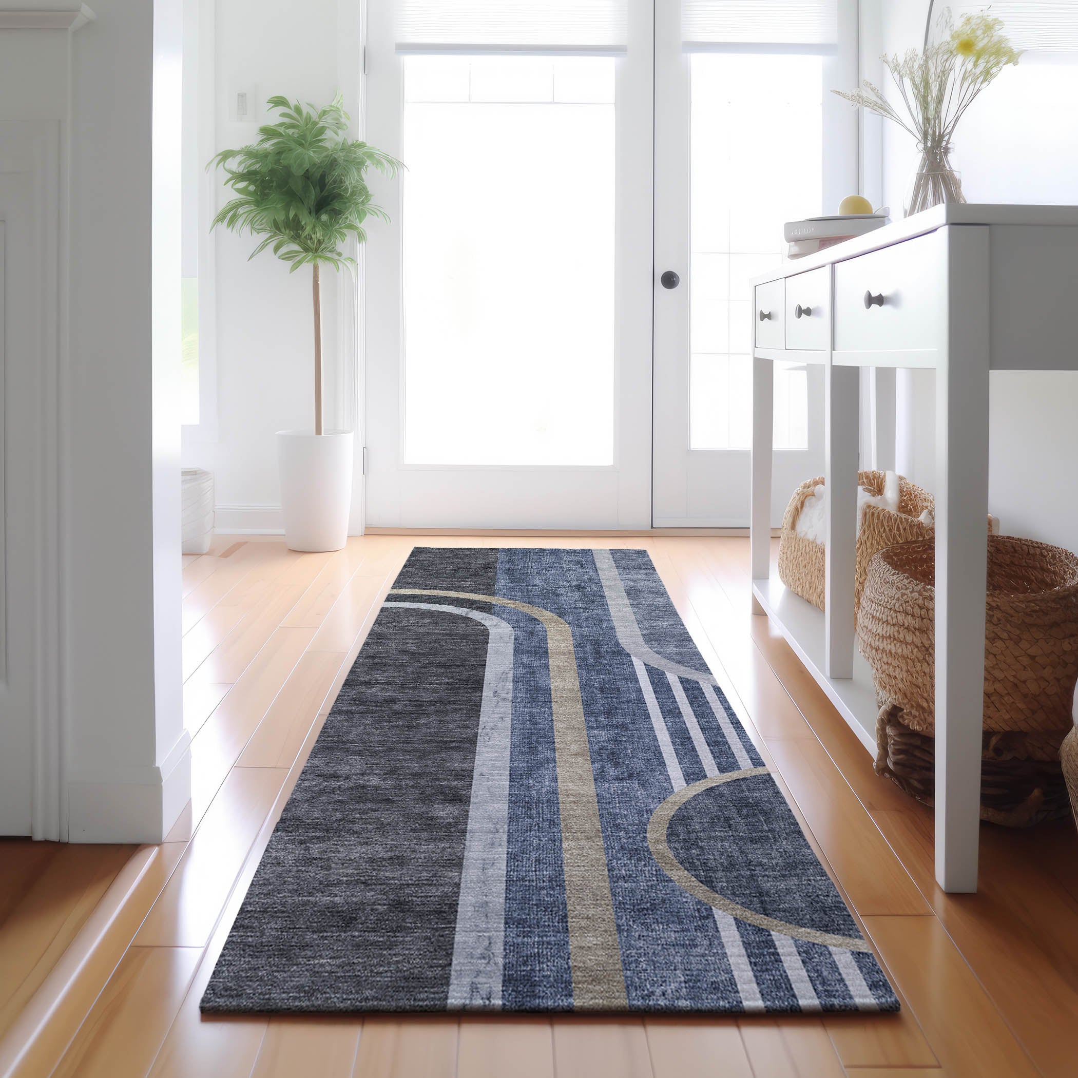 Vienna Machine Washable Transitional Navy Blue Rug 2'3" x 7'6" #shape_Runner
