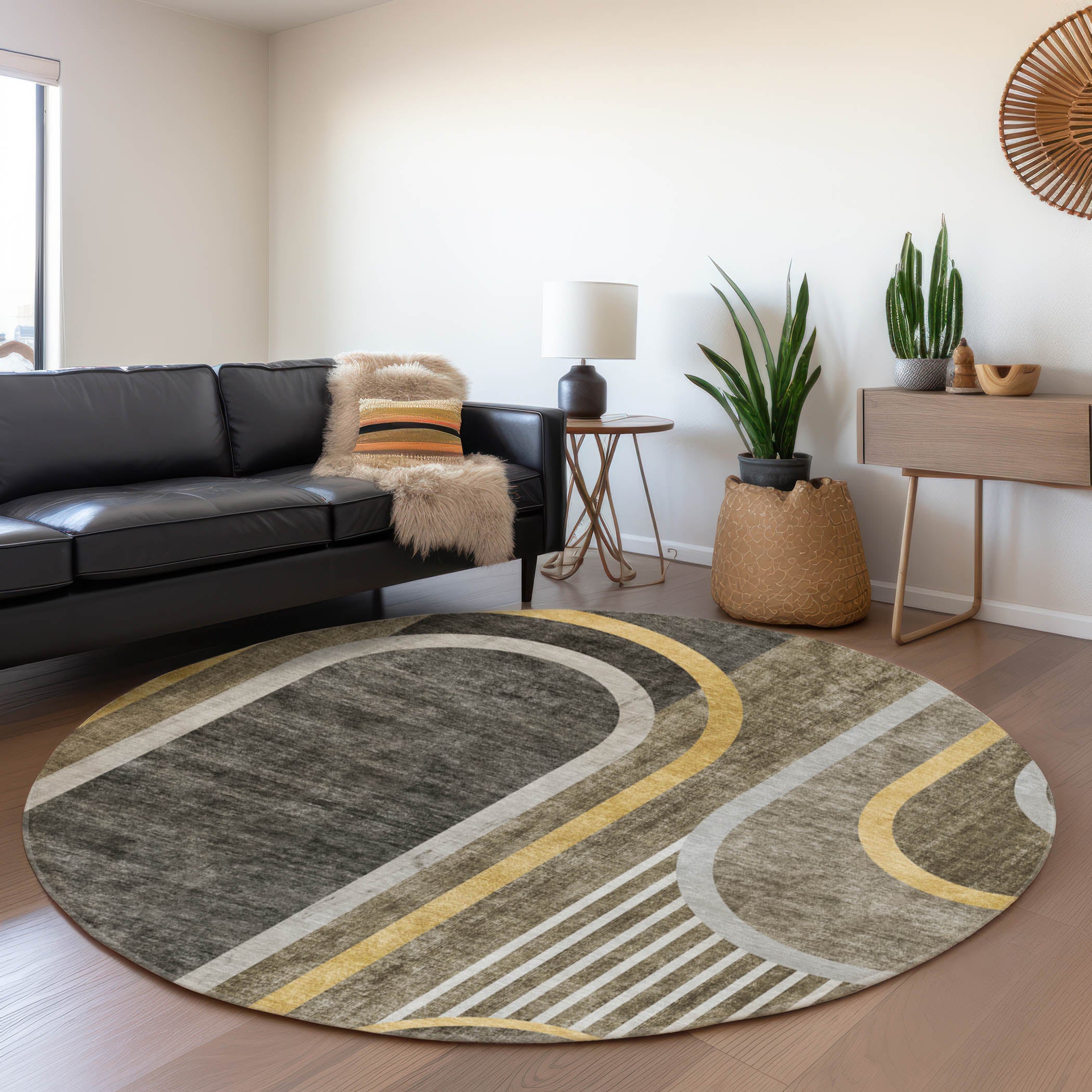 Vienna Machine Washable Transitional Taupe Brown Rug 8' x 8' #shape_Round