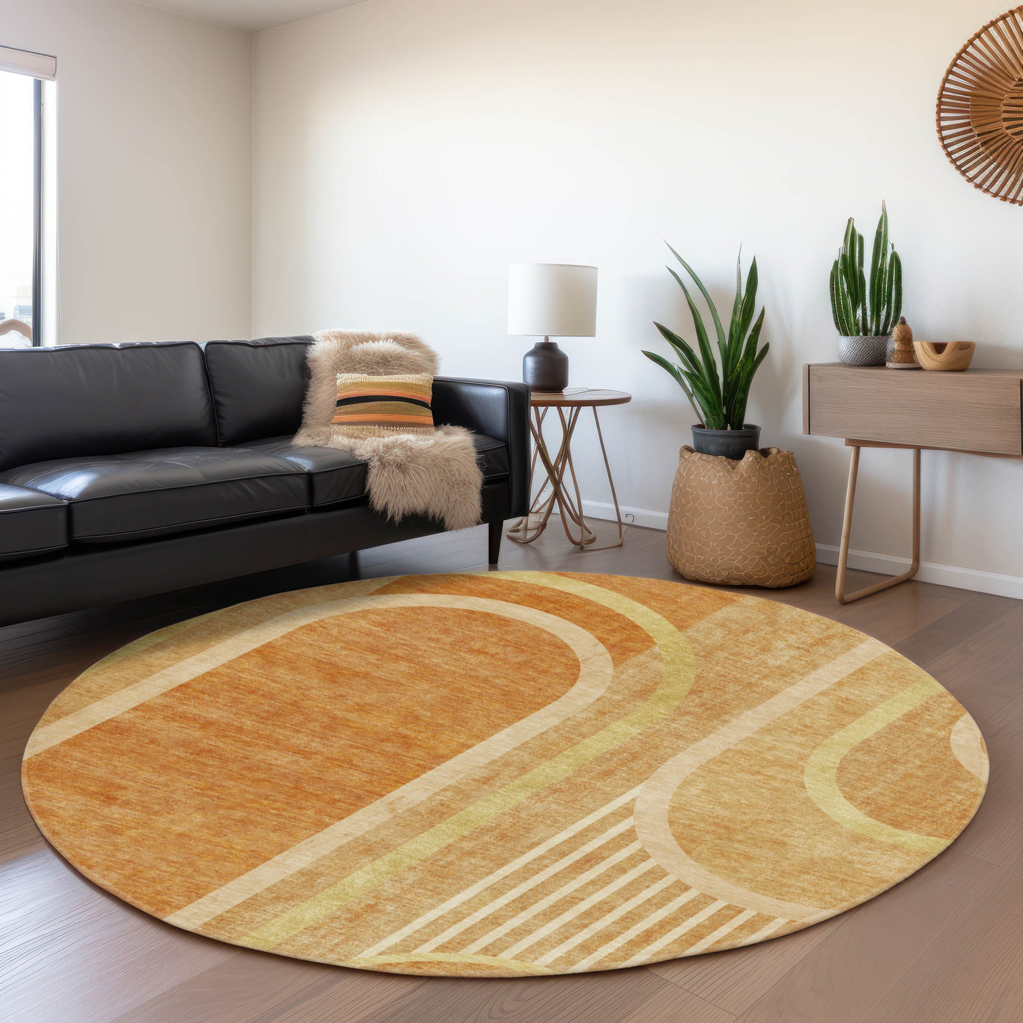 Vienna Machine Washable Transitional Terracotta Orange Rug 8' x 8' #shape_Round