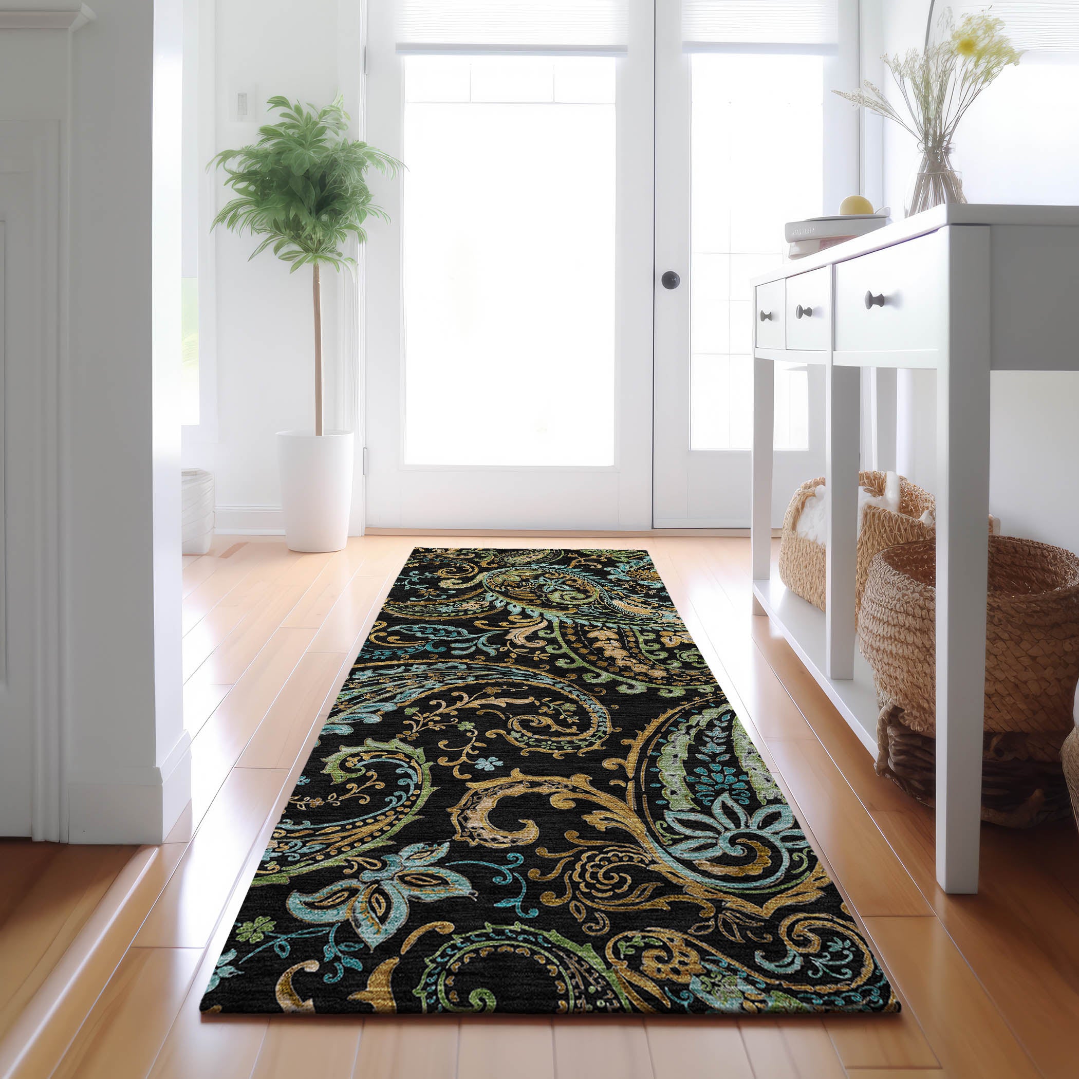 Queenstown Machine Washable Transitional Black Rug 2'3" x 7'6" #shape_Runner