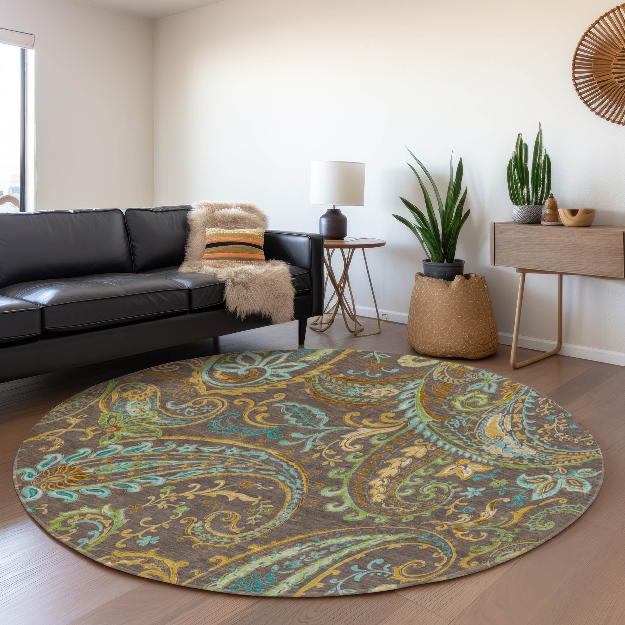 Queenstown Machine Washable Transitional Chocolate Brown Rug 8' x 8' #shape_Round