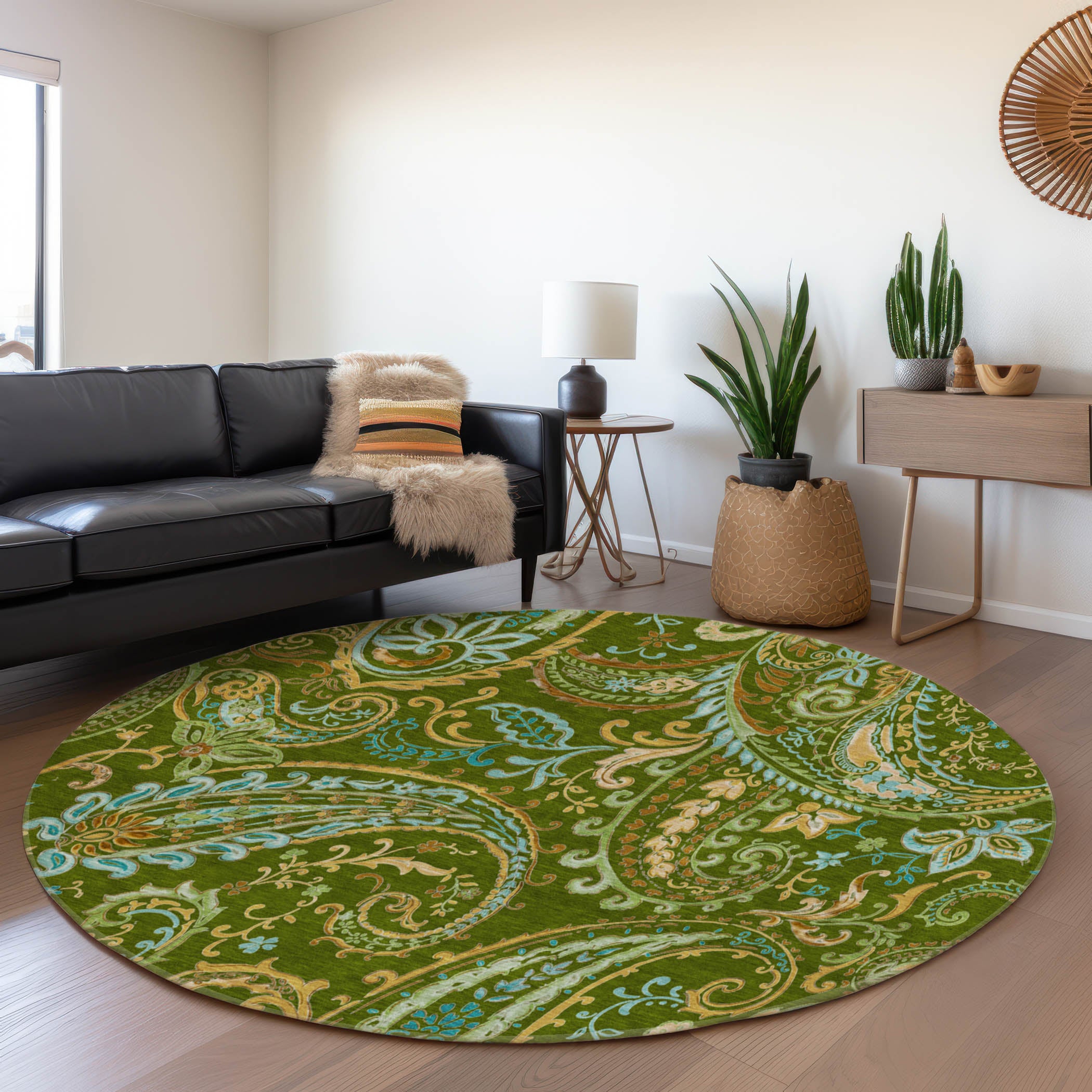 Queenstown Machine Washable Transitional Green Rug 8' x 8' #shape_Round