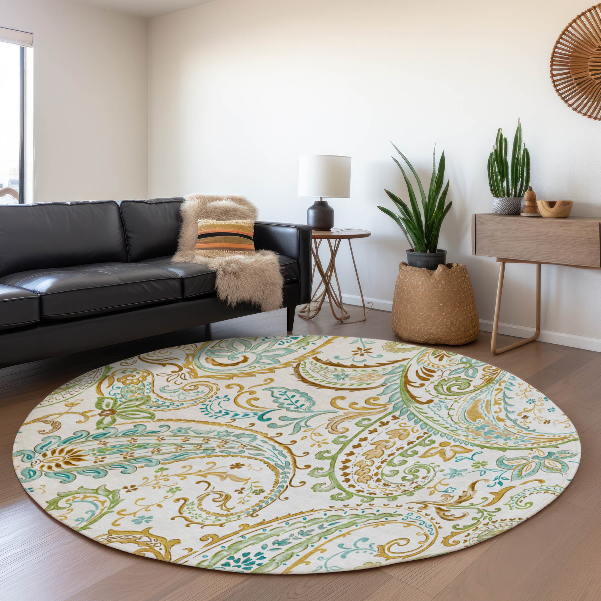 Queenstown Machine Washable Transitional Ivory Rug 8' x 8' #shape_Round