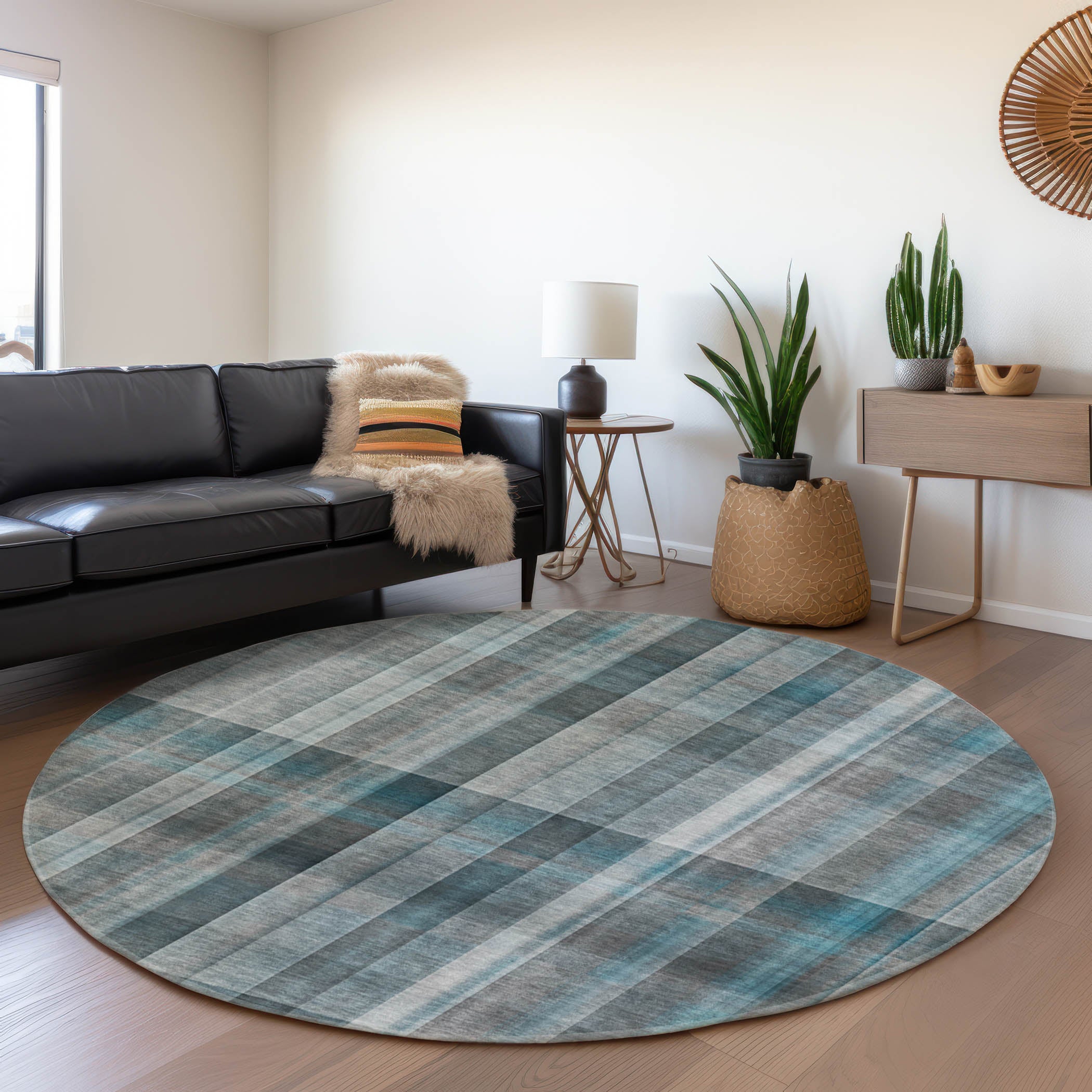 Mdina Machine Washable Transitional Teal Rug 8' x 8' #shape_Round