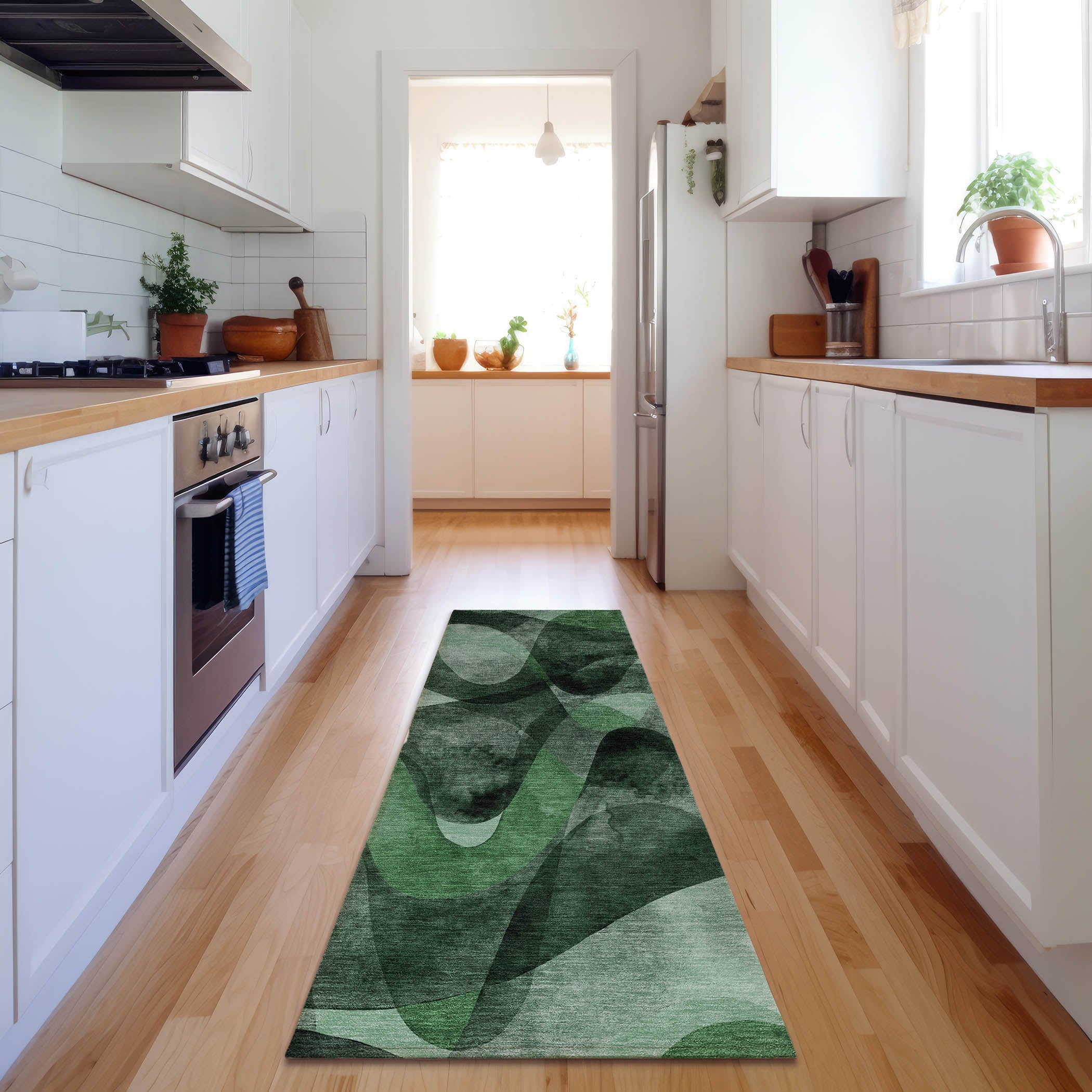 Cairo Machine Washable Contemporary Fern Green Rug 2'3" x 7'6" #shape_Runner