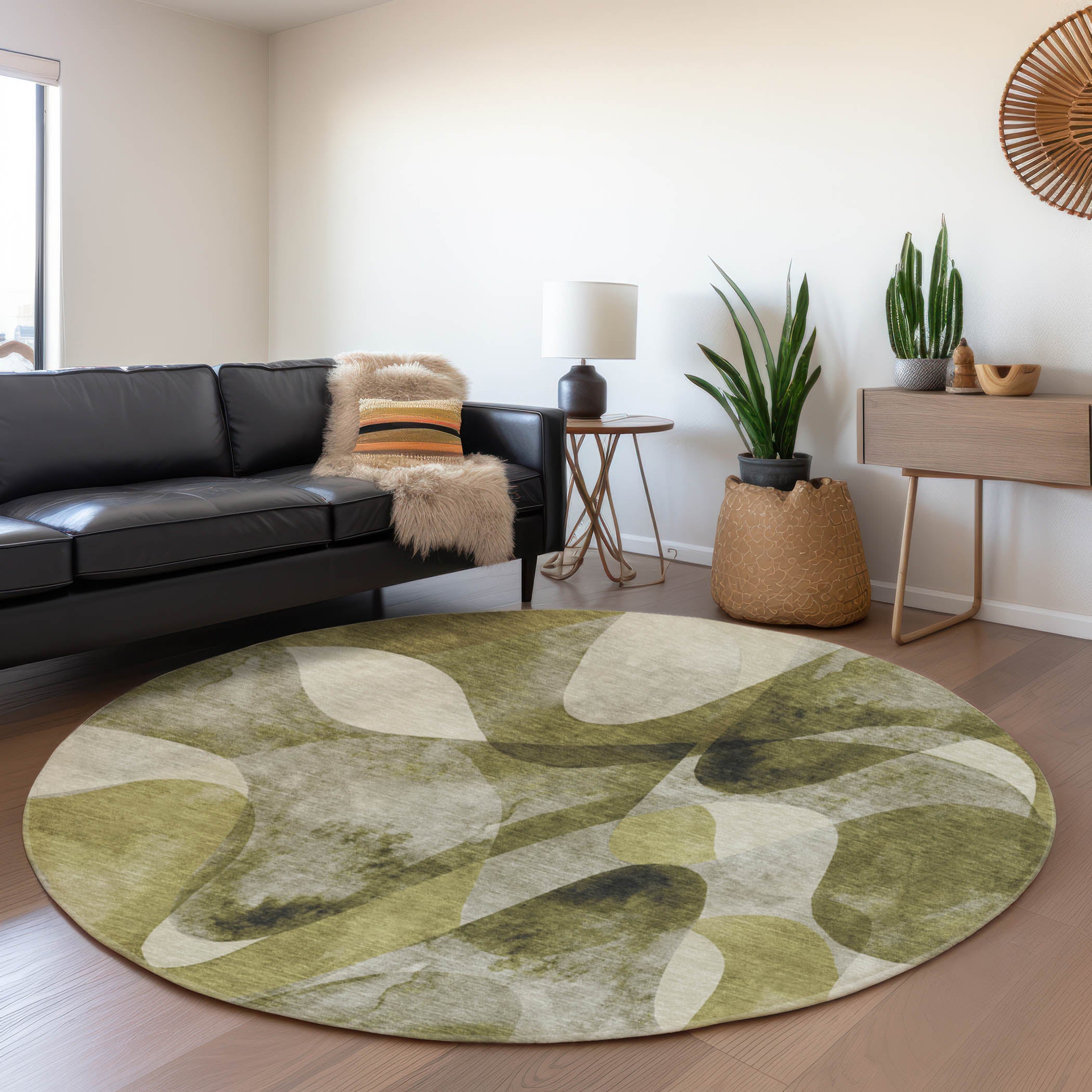 Cairo Machine Washable Contemporary Olive Green Rug 8' x 8' #shape_Round