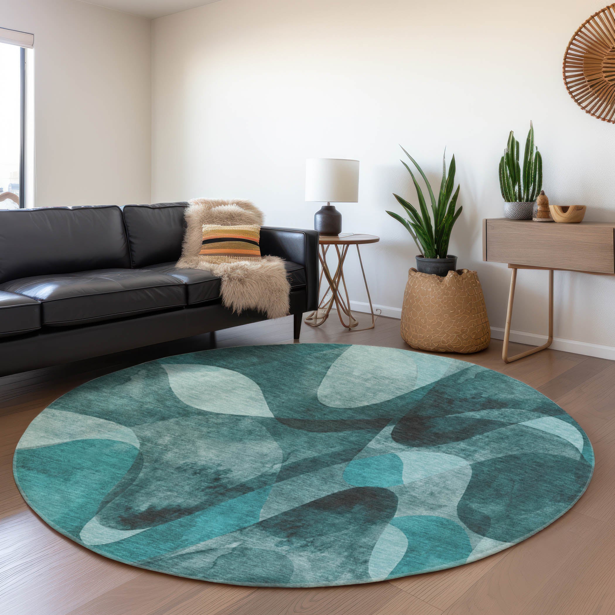 Cairo Machine Washable Contemporary Teal Rug 8' x 8' #shape_Round