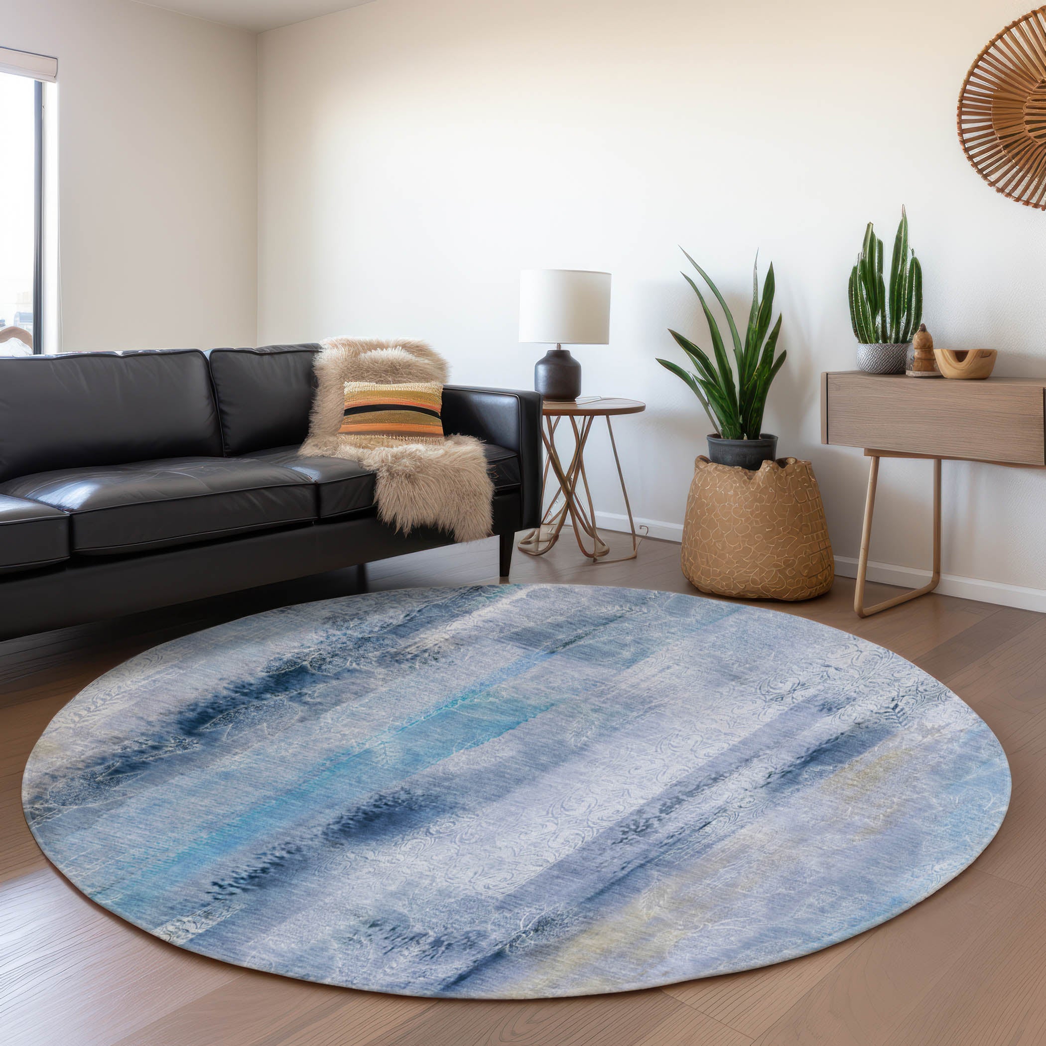 Bogota Machine Washable Transitional Blue Rug 8' x 8' #shape_Round