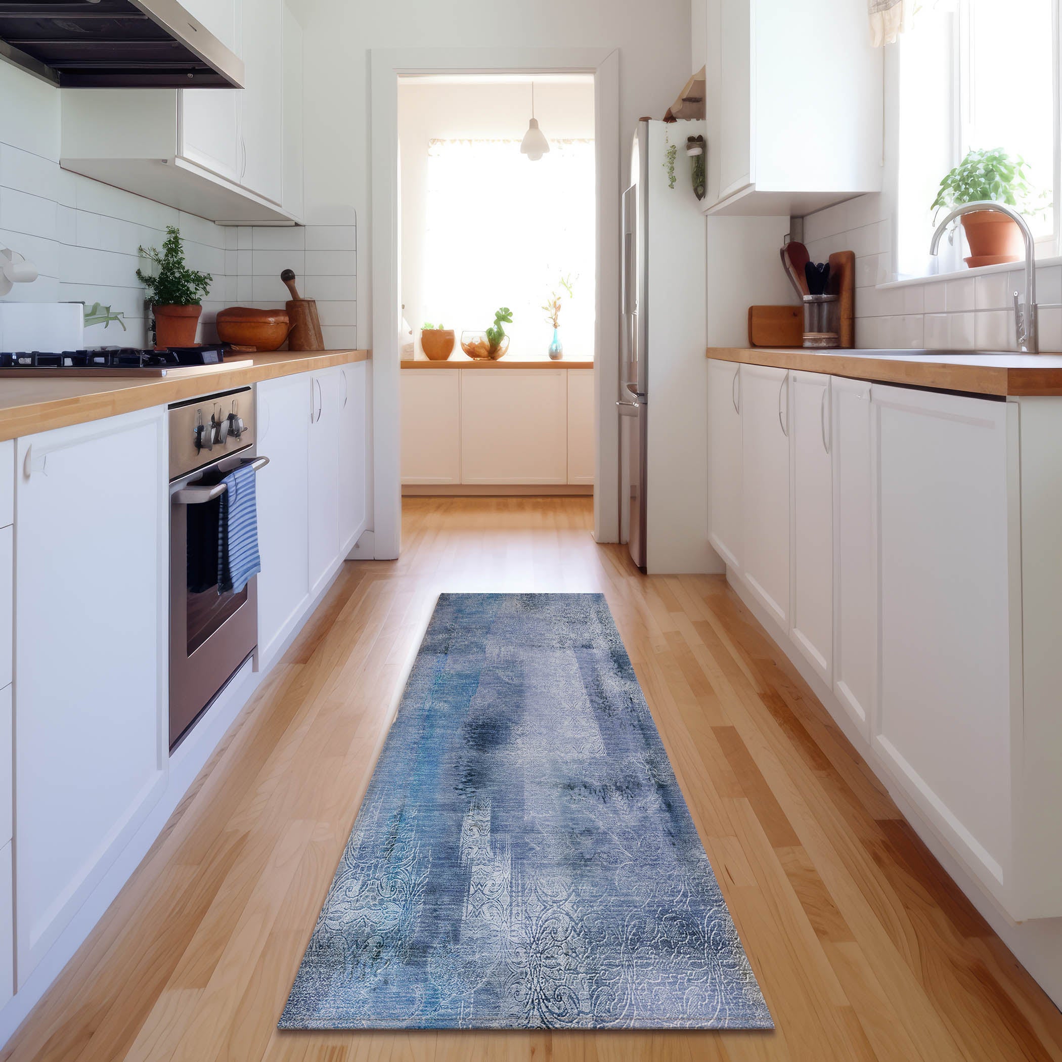 Bogota Machine Washable Transitional Blue Rug 2'3" x 7'6" #shape_Runner
