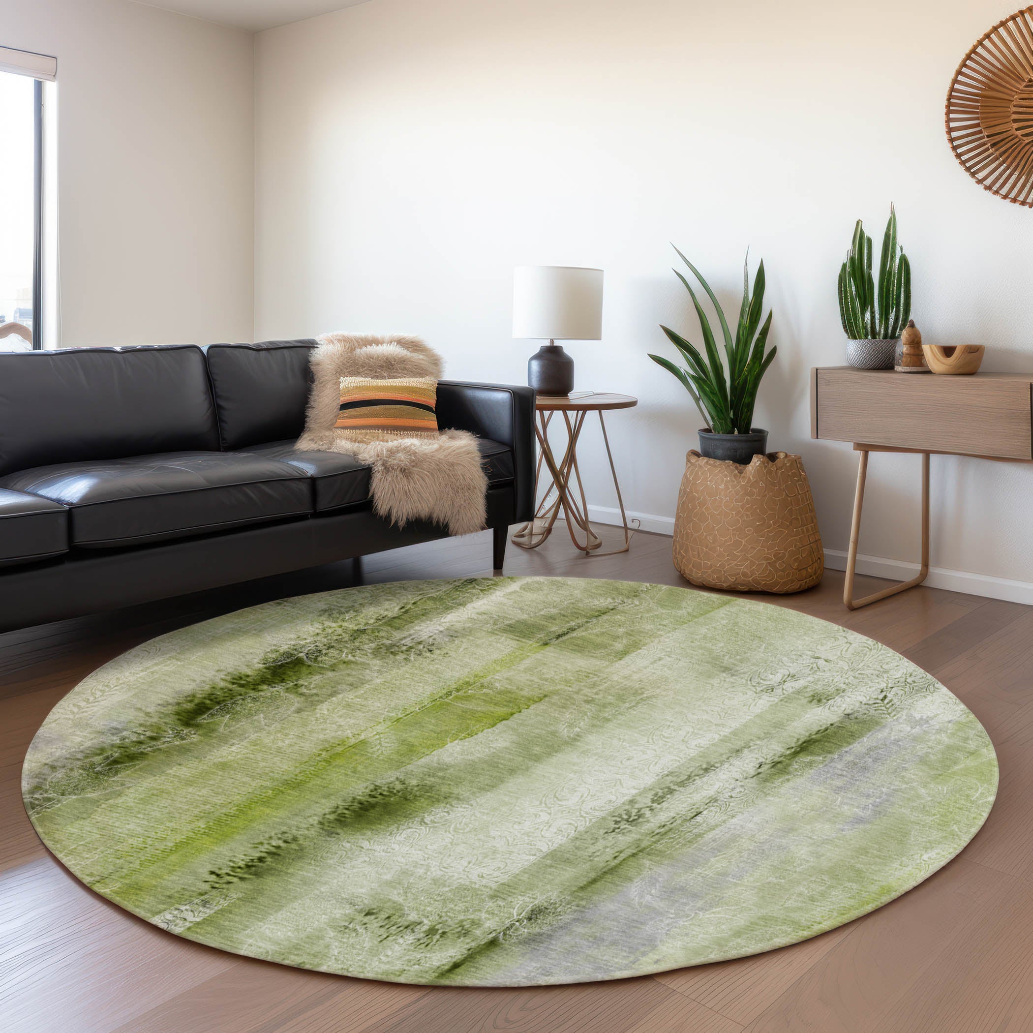 Bogota Machine Washable Transitional Sage Green Rug 8' x 8' #shape_Round