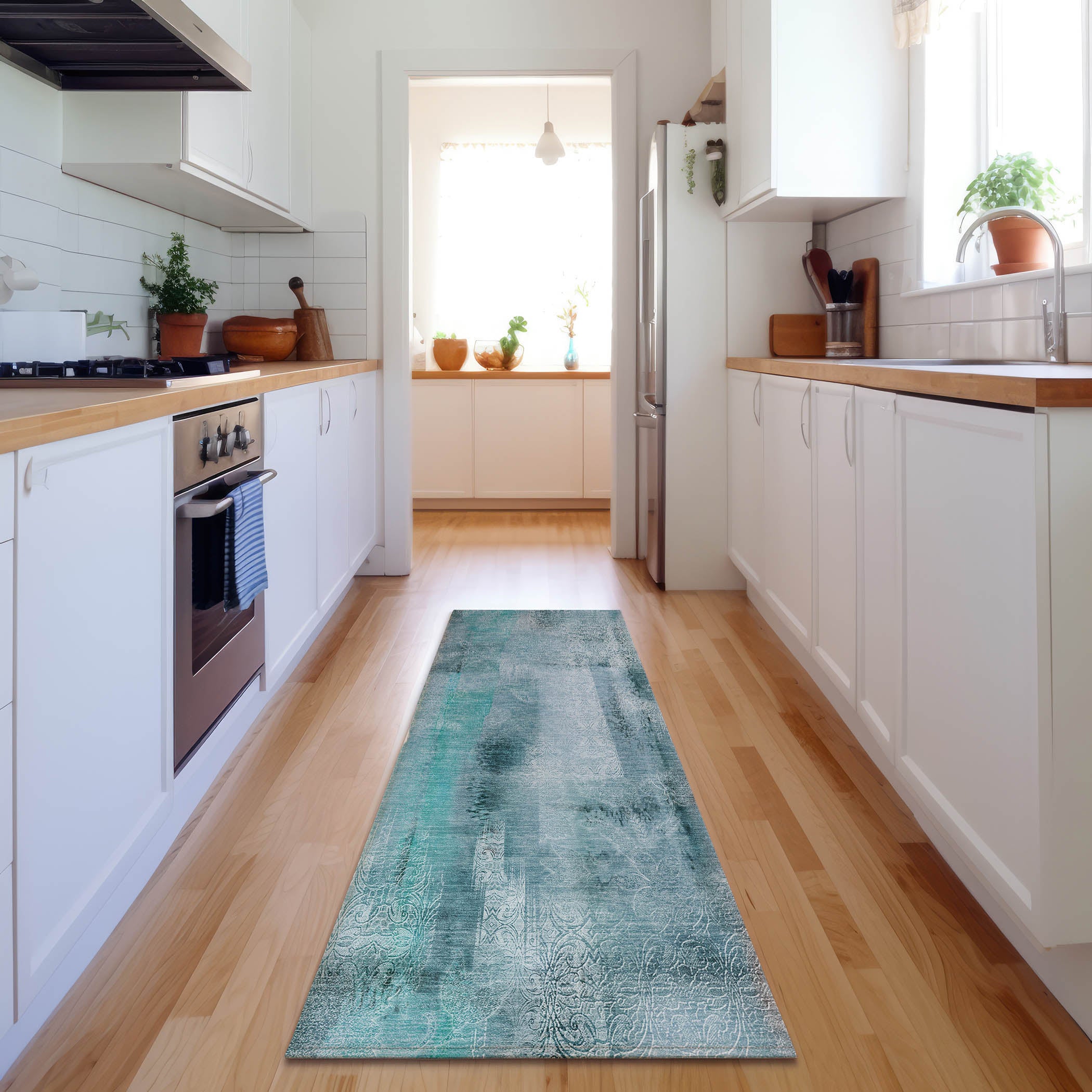 Bogota Machine Washable Transitional Teal Rug 2'3" x 7'6" #shape_Runner
