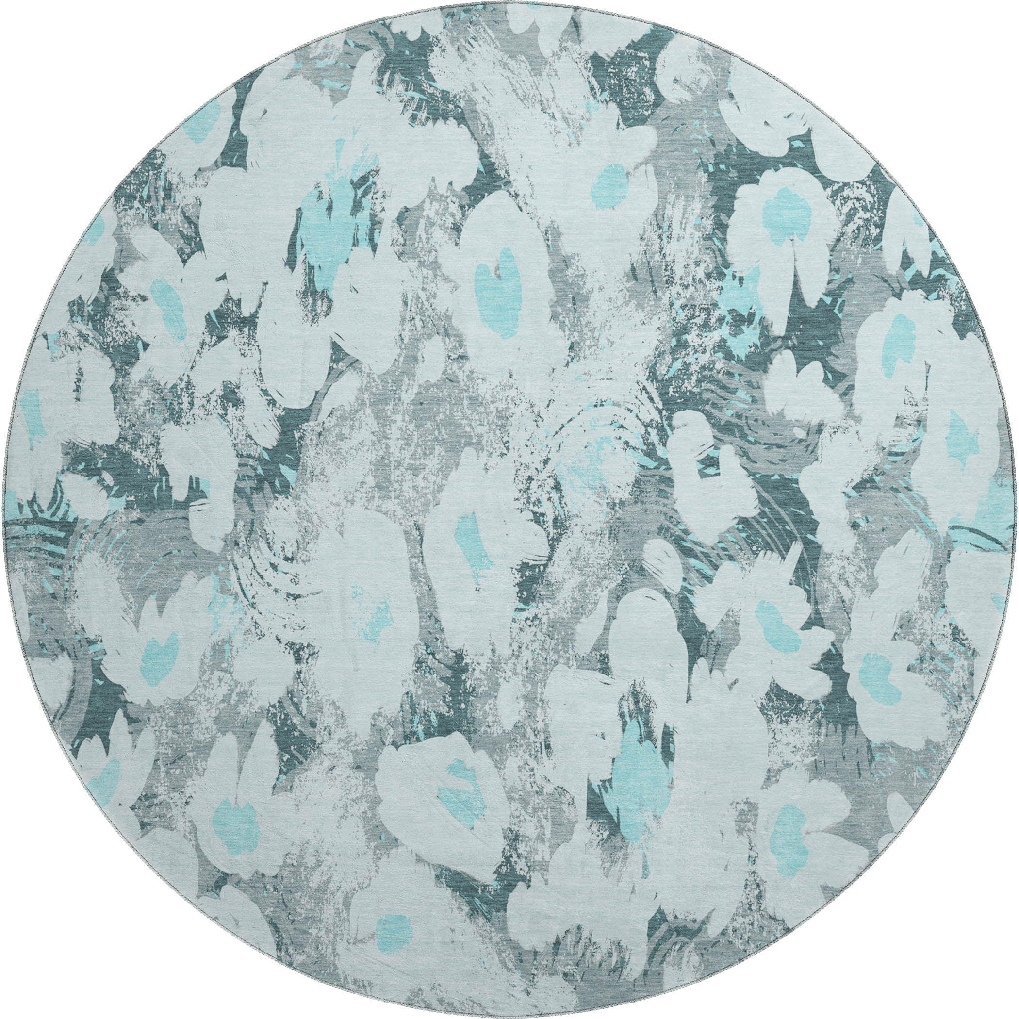 Mdina Machine Washable Transitional Teal Rug 8' x 8' #shape_Round