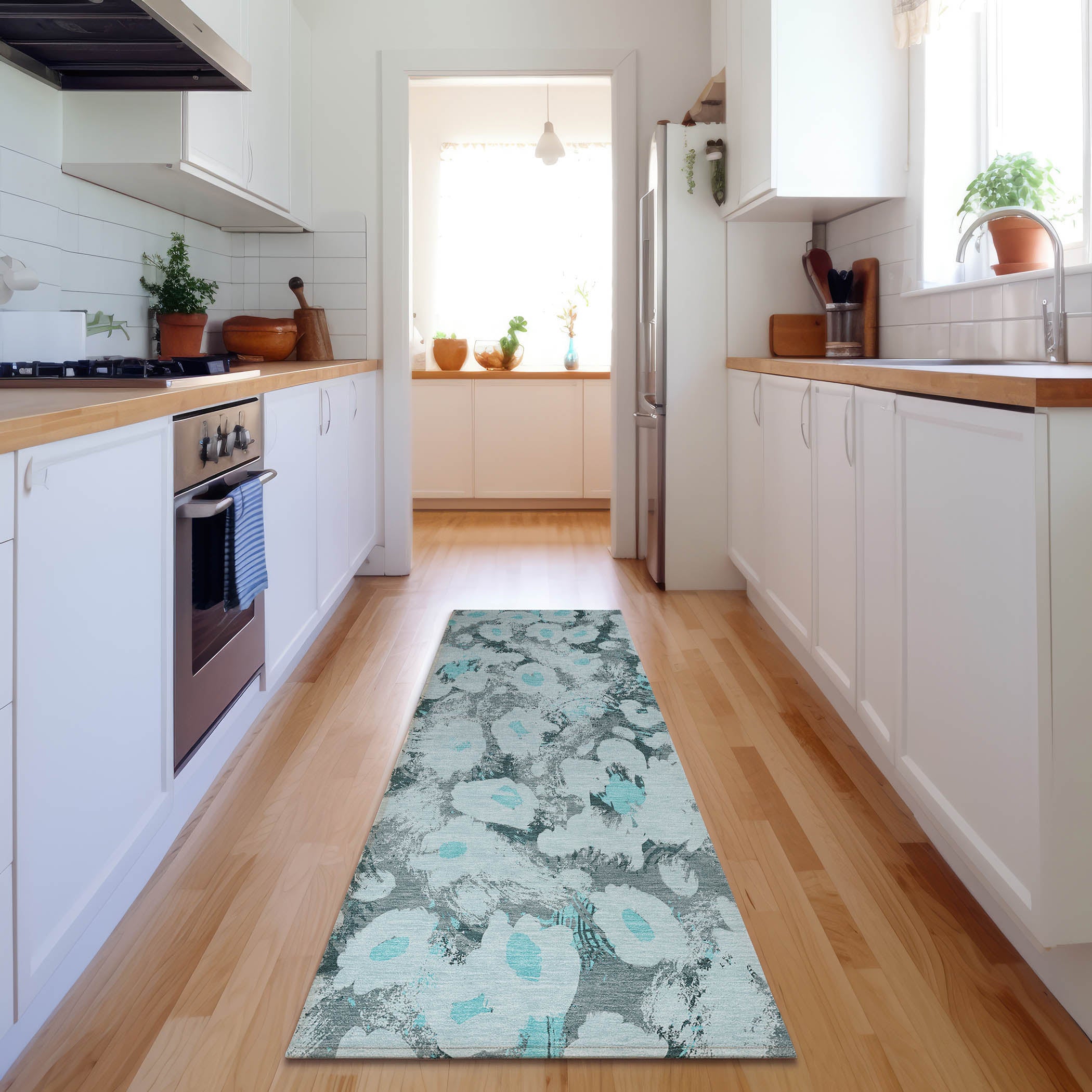 Mdina Machine Washable Transitional Teal Rug 2'3" x 7'6" #shape_Runner