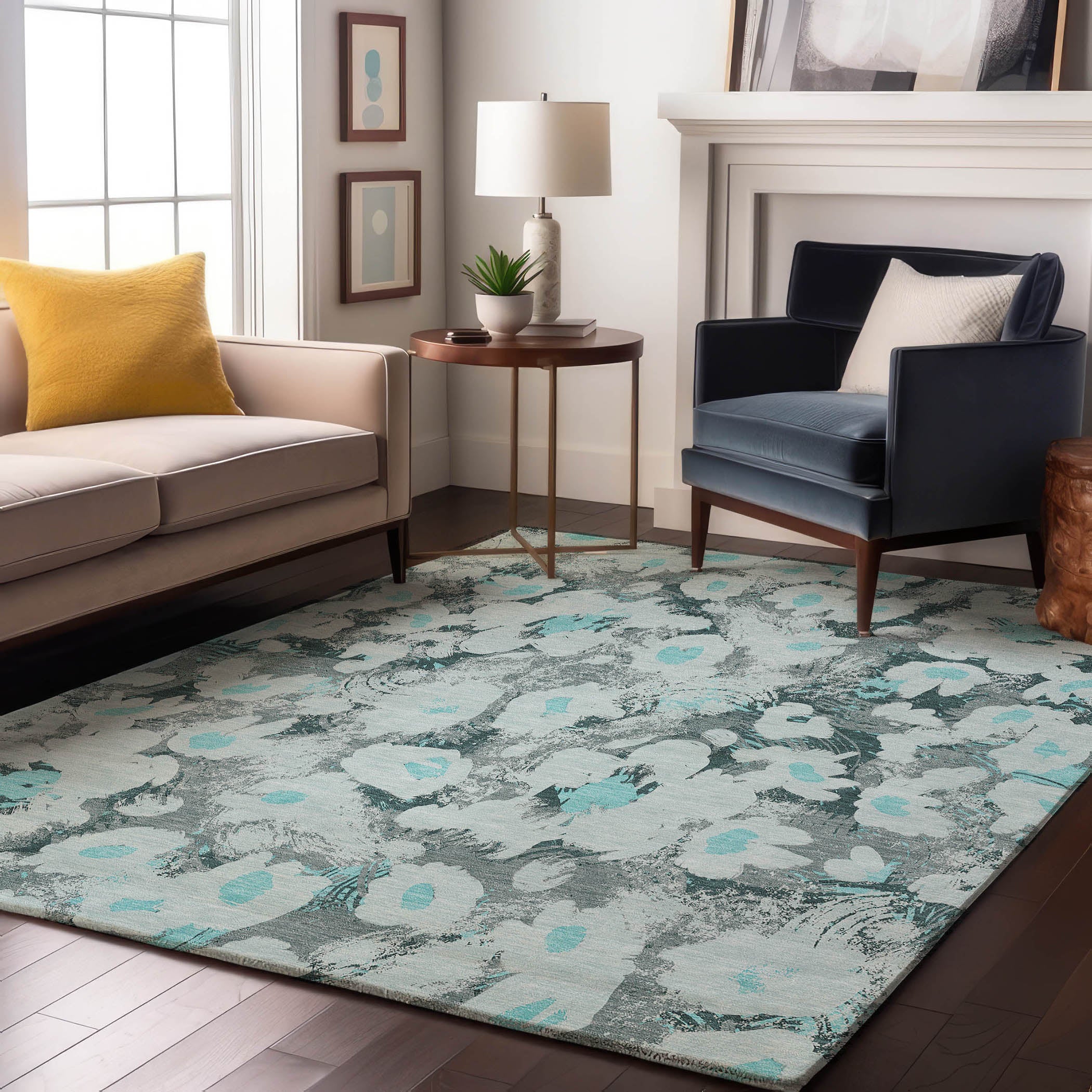 Mdina Machine Washable Transitional Teal Rug 2'6" x 3'10" #shape_Rectangle