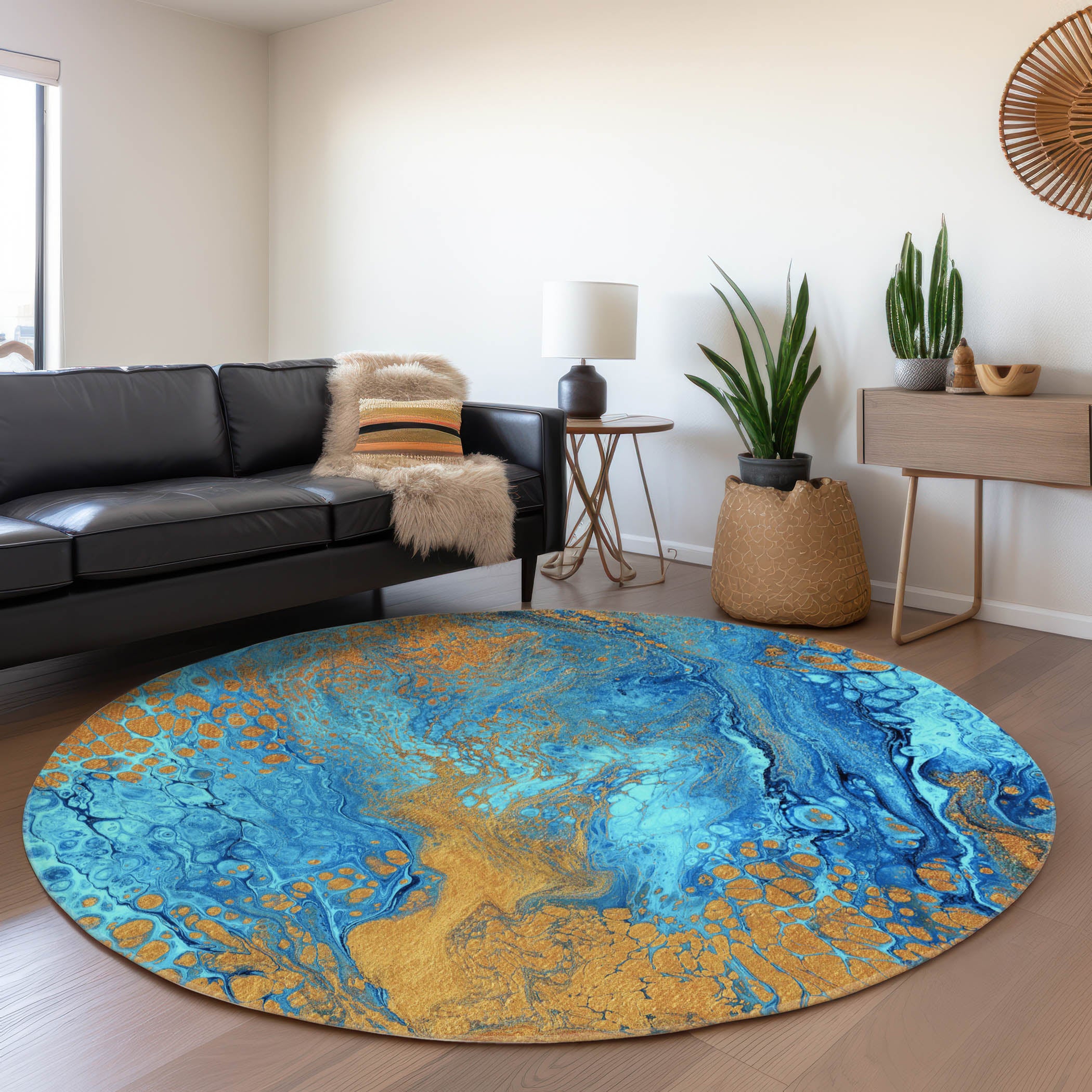 Tallinn Machine Washable Contemporary Cobalt Blue Rug 8' x 8' #shape_Round