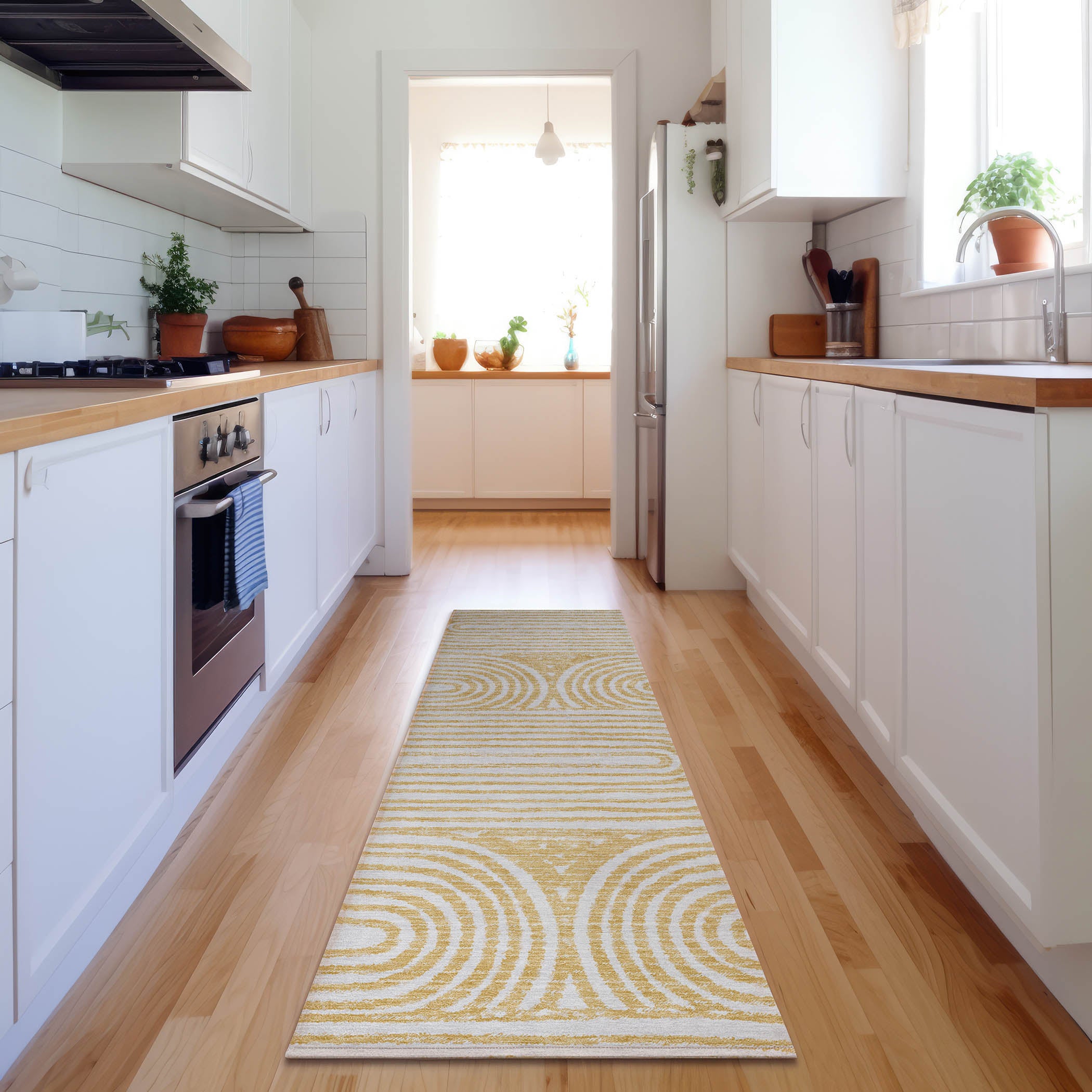 Mdina Machine Washable Contemporary Gold Rug 2'3" x 7'6" #shape_Runner