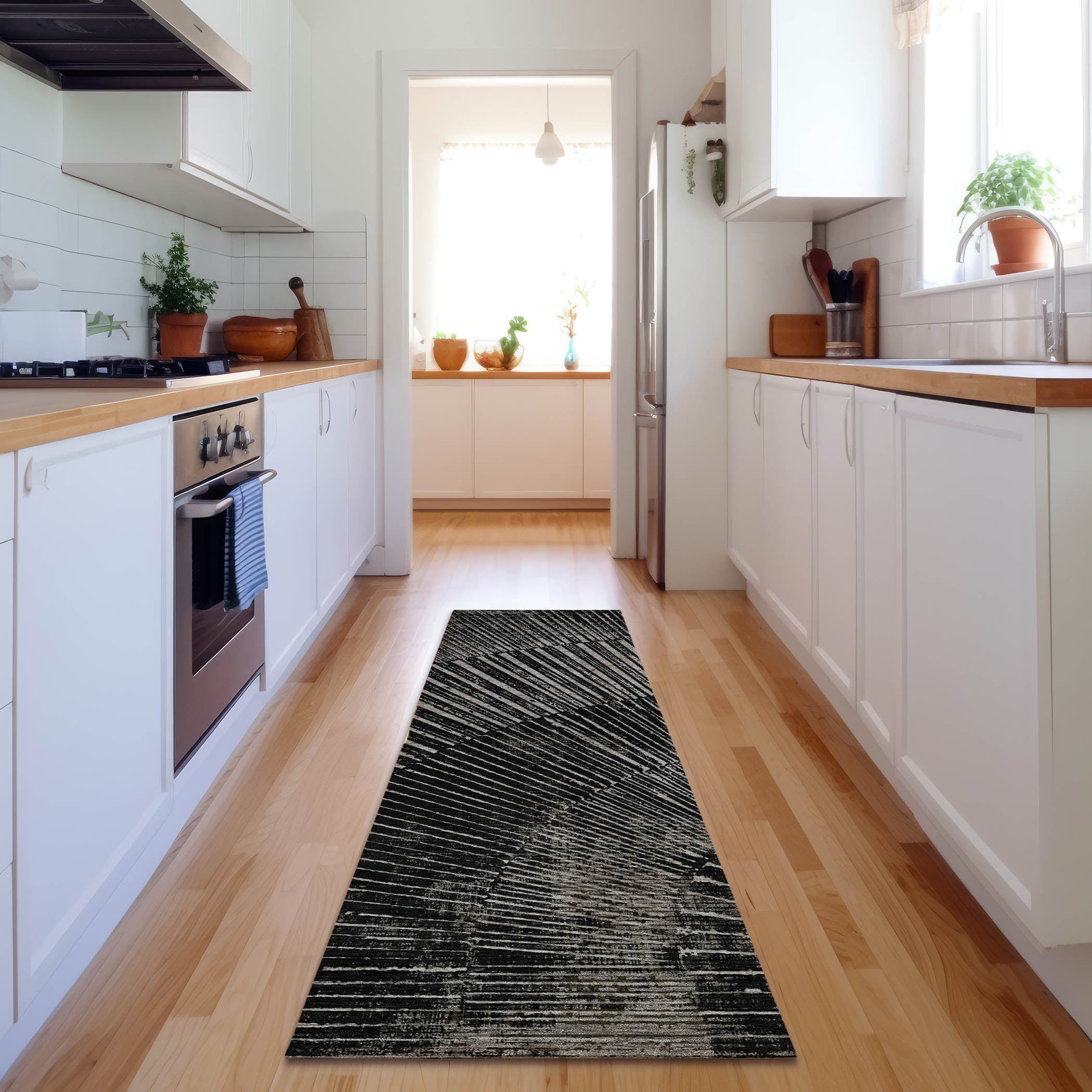Split Machine Washable Transitional Black Rug 2'3" x 7'6" #shape_Runner