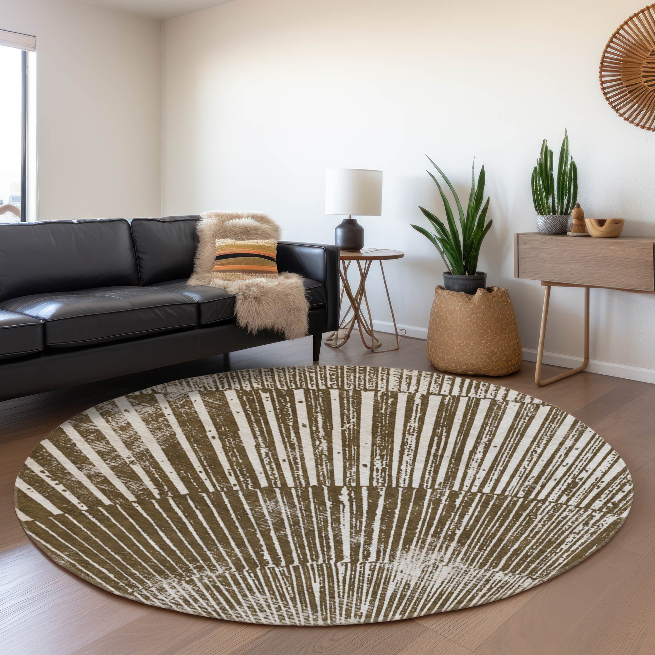 Split Machine Washable Transitional Chocolate Brown Rug 8' x 8' #shape_Round