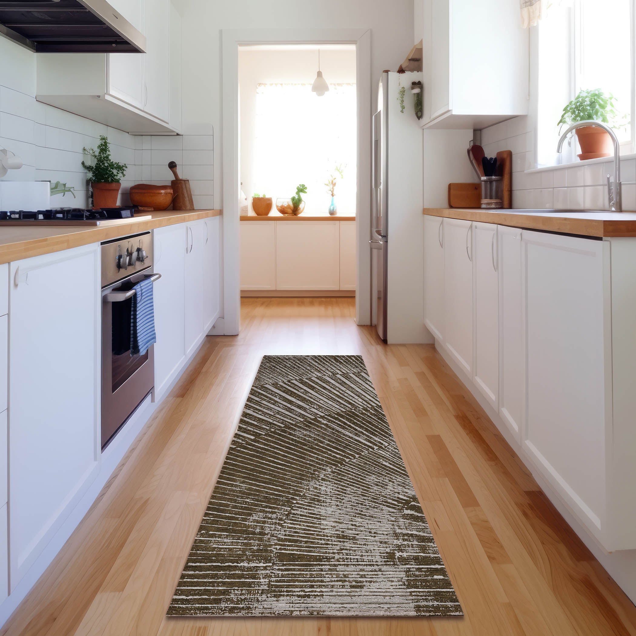 Split Machine Washable Transitional Chocolate Brown Rug 2'3" x 7'6" #shape_Runner