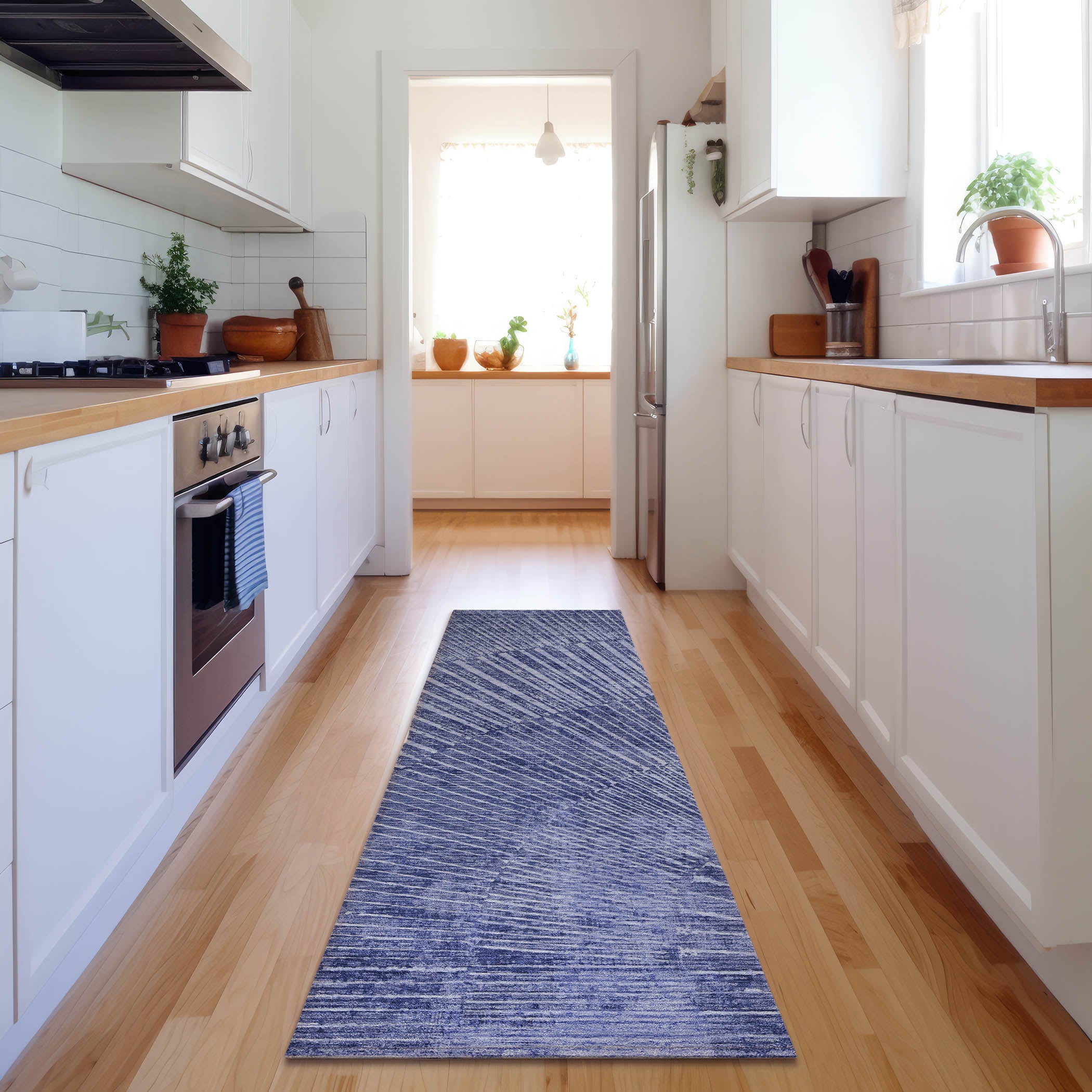 Split Machine Washable Transitional Navy Blue Rug 2'3" x 7'6" #shape_Runner