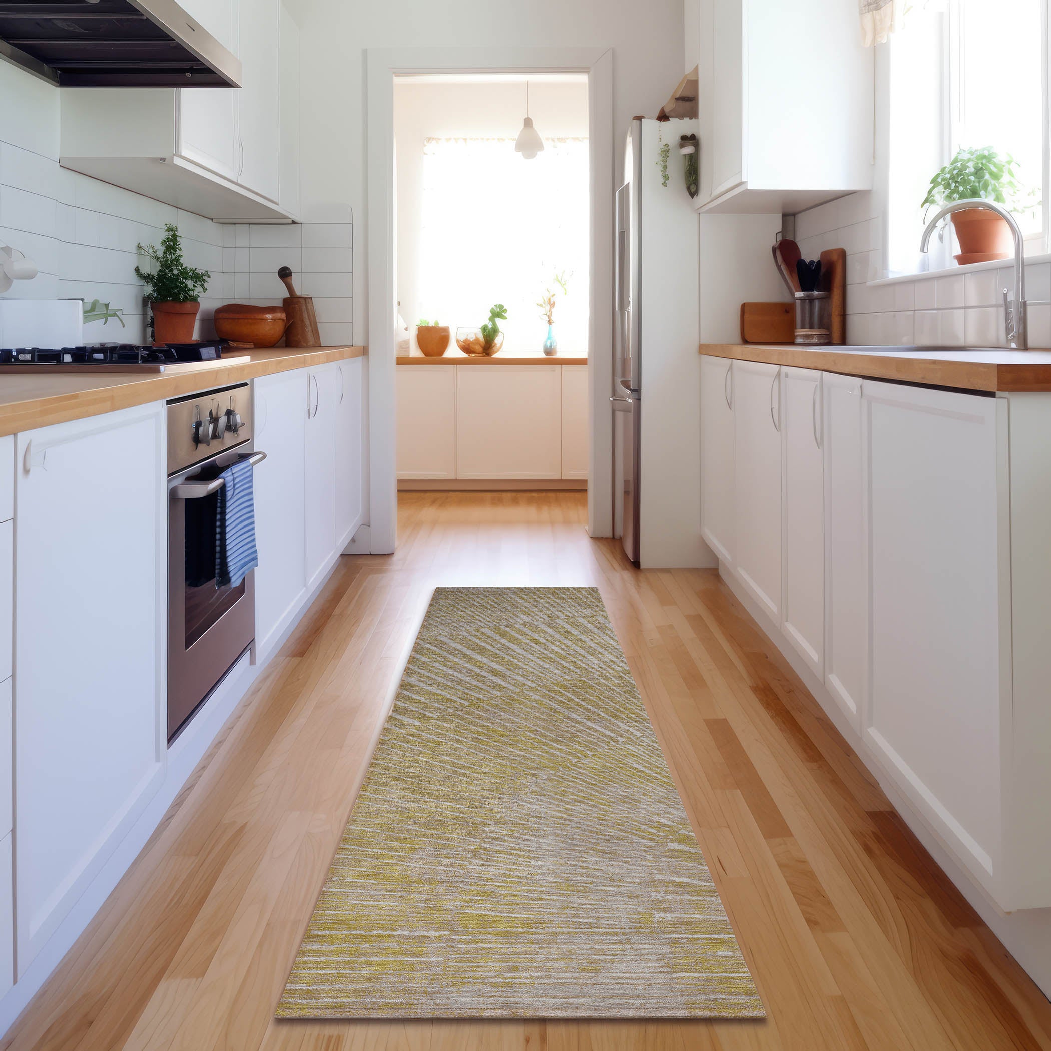 Split Machine Washable Transitional Wheat Gold Rug 2'3" x 7'6" #shape_Runner