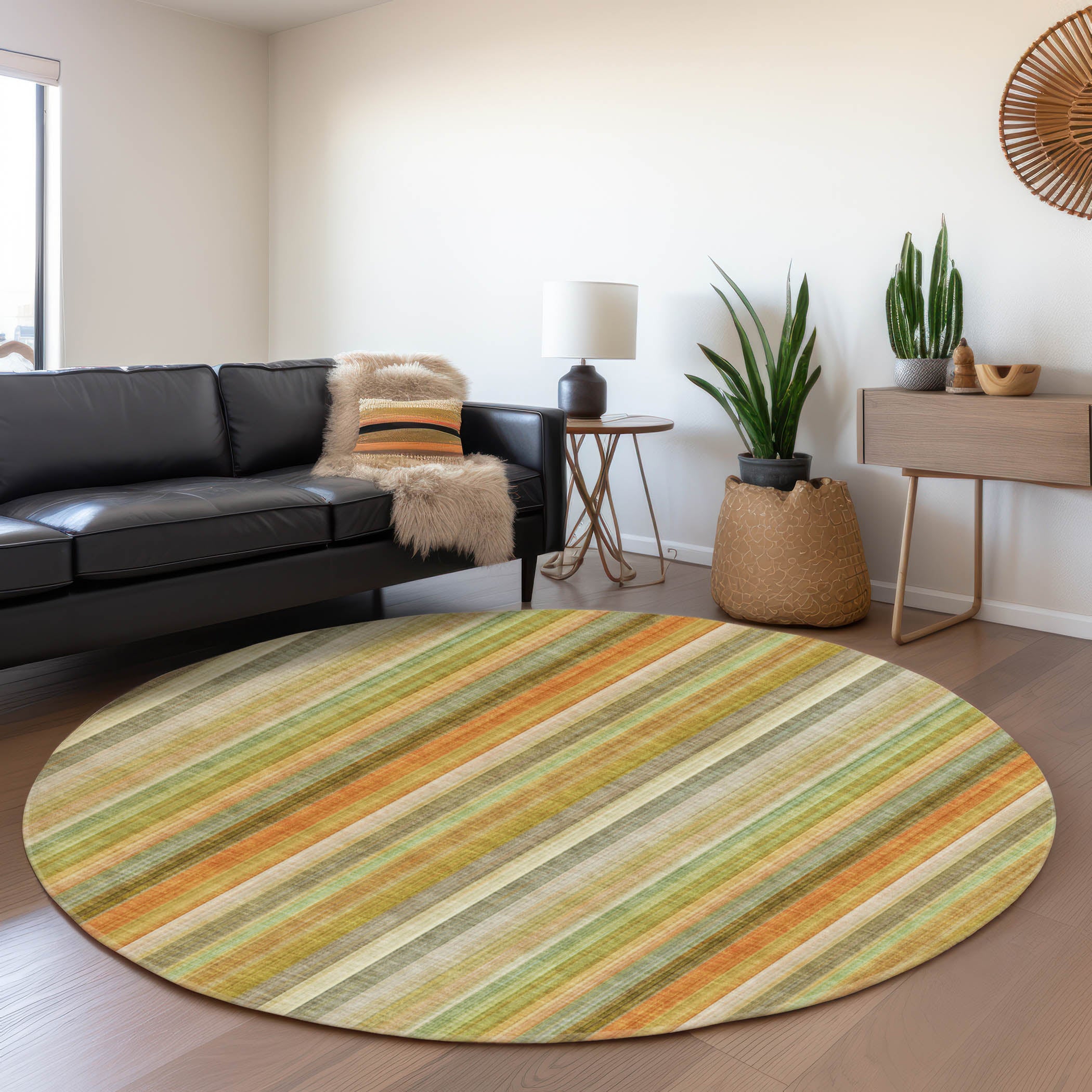 Siena Machine Washable Transitional Khaki Brown Rug 8' x 8' #shape_Round