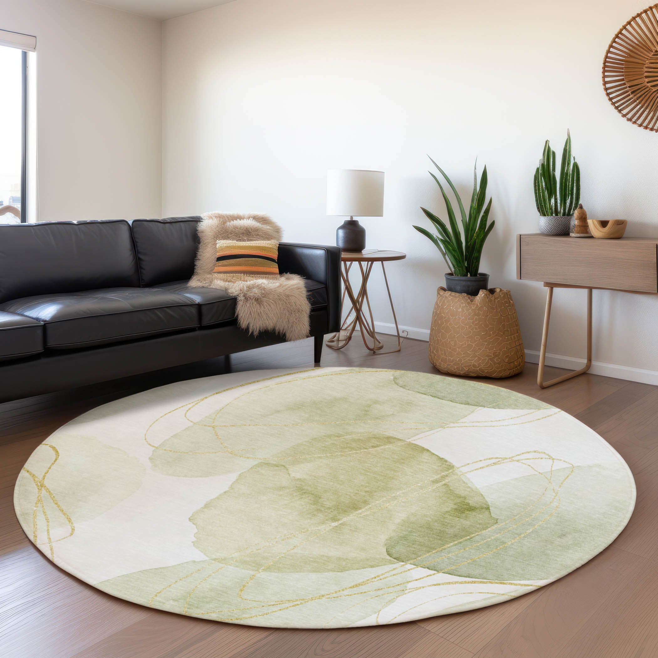 Kathmandu Machine Washable Contemporary Green Rug 8' x 8' #shape_Round