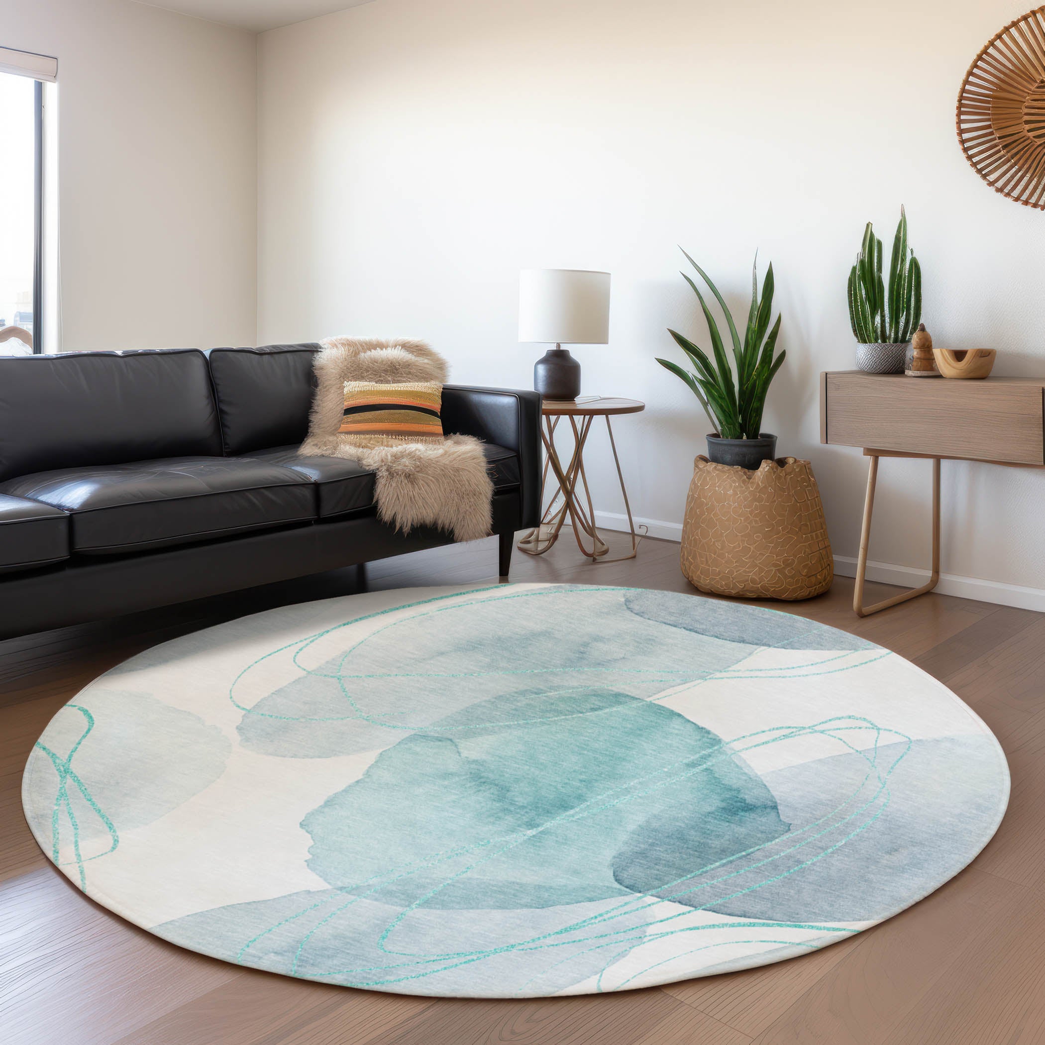 Kathmandu Machine Washable Contemporary Teal Rug 8' x 8' #shape_Round