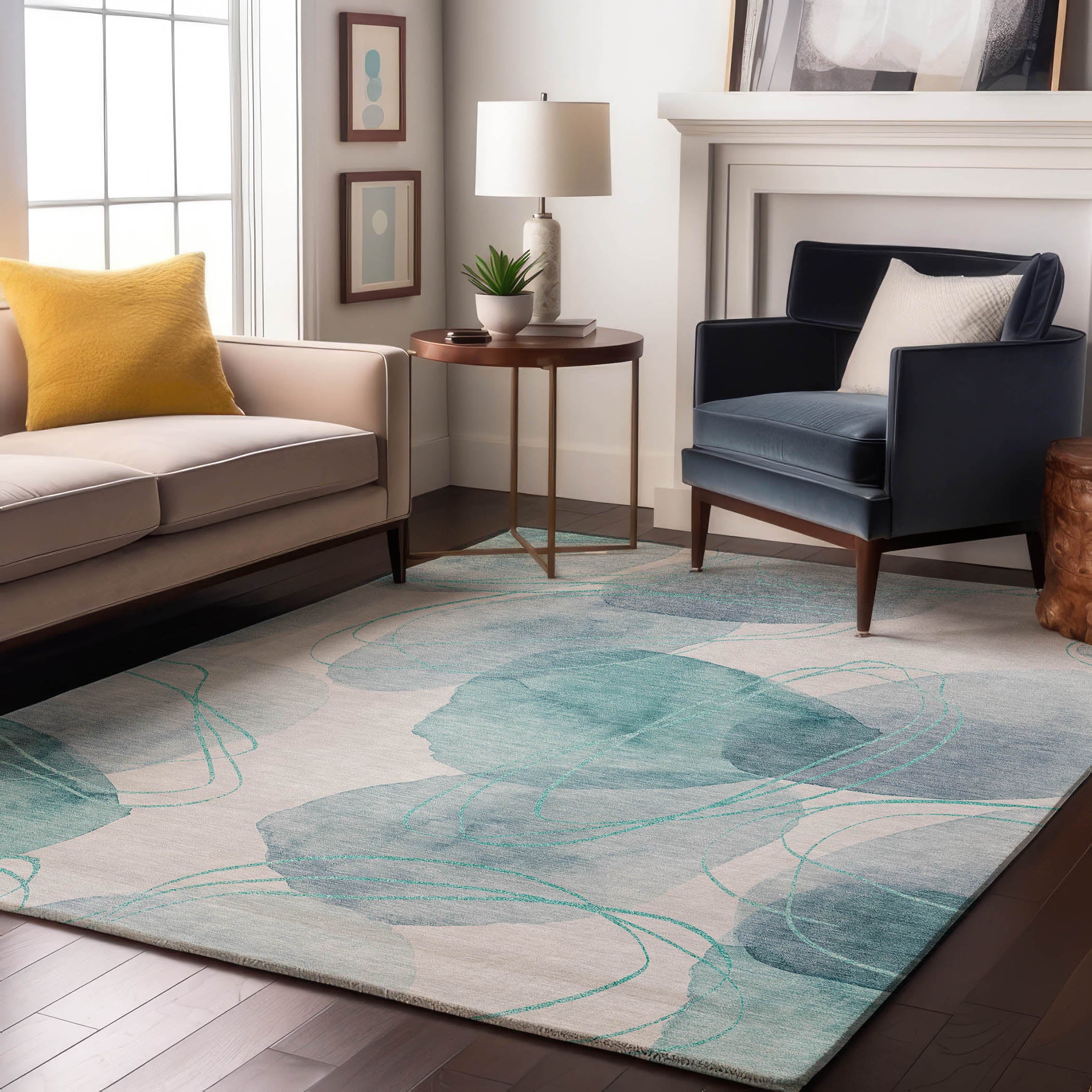 Kathmandu Machine Washable Contemporary Teal Rug 2'6" x 3'10" #shape_Rectangle