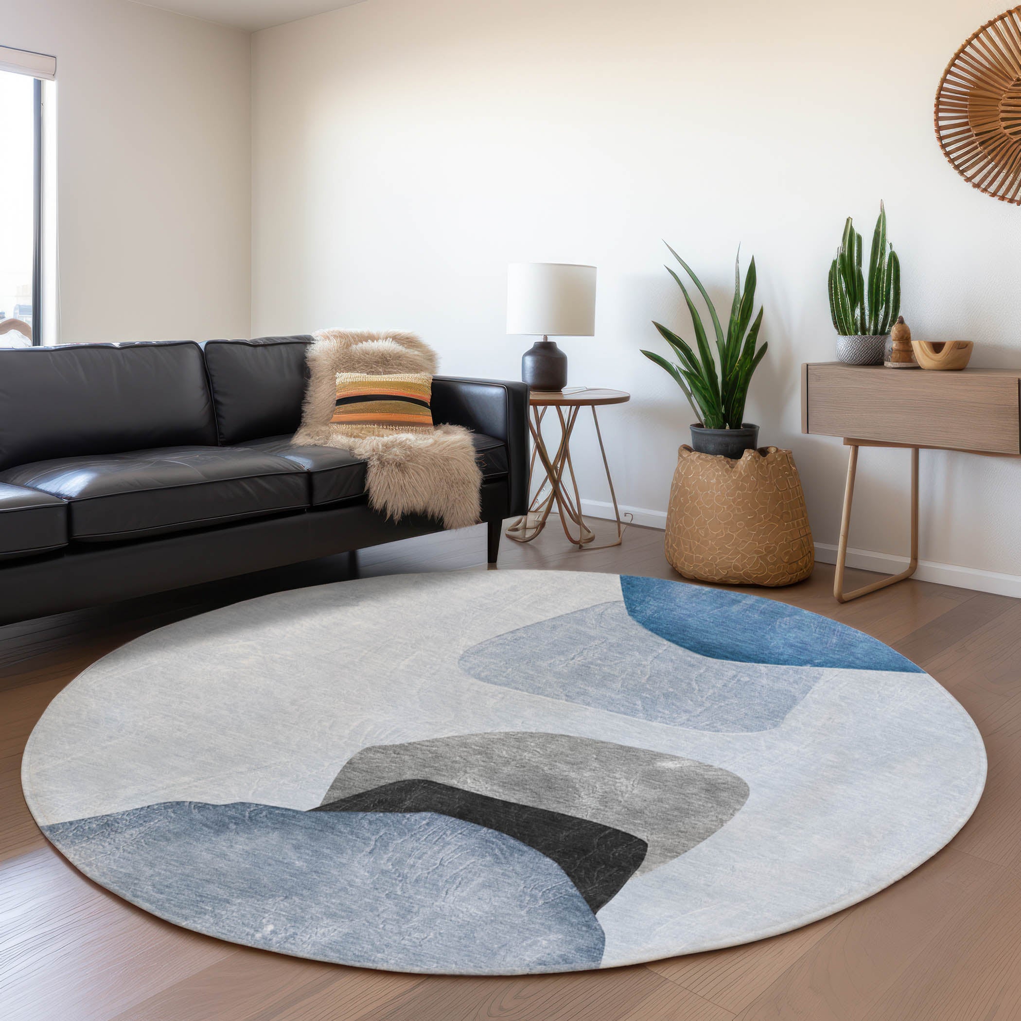 Seoul Machine Washable Transitional Blue Rug 8' x 8' #shape_Round