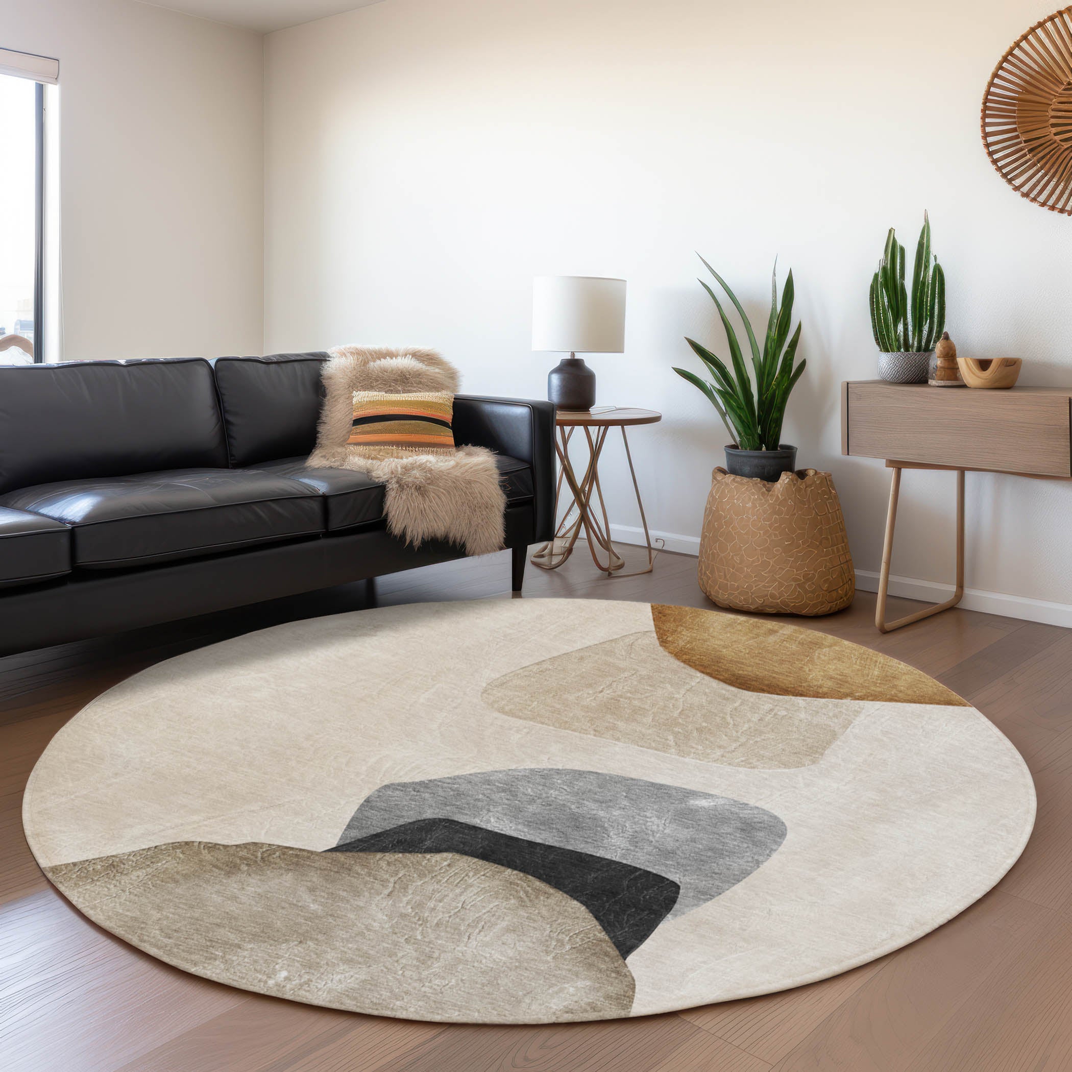 Seoul Machine Washable Transitional Brown Rug 8' x 8' #shape_Round