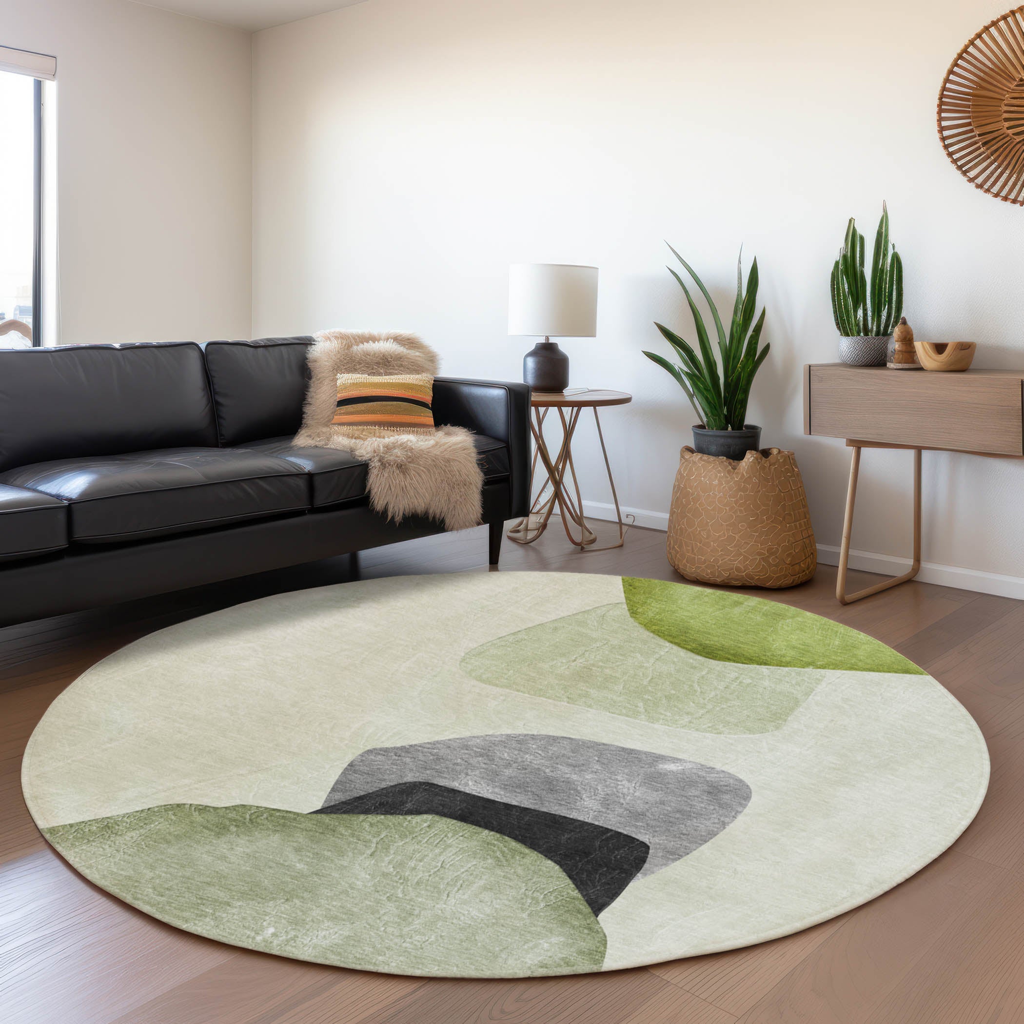 Seoul Machine Washable Transitional Green Rug 8' x 8' #shape_Round