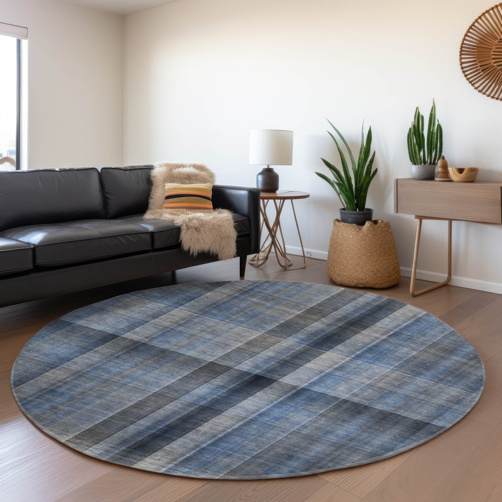 Havana Machine Washable Transitional Blue Rug 8' x 8' #shape_Round