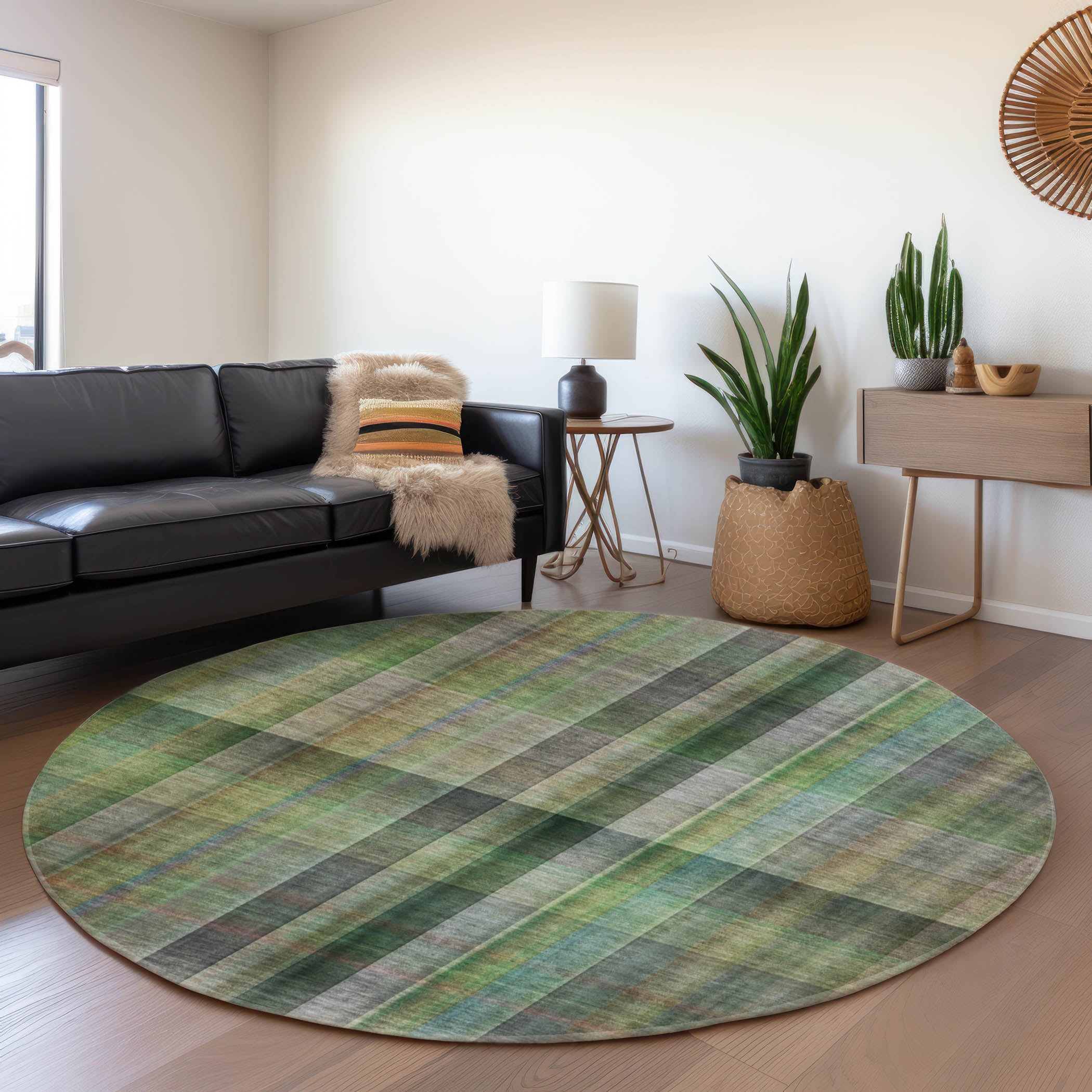 Havana Machine Washable Transitional Green Rug 8' x 8' #shape_Round
