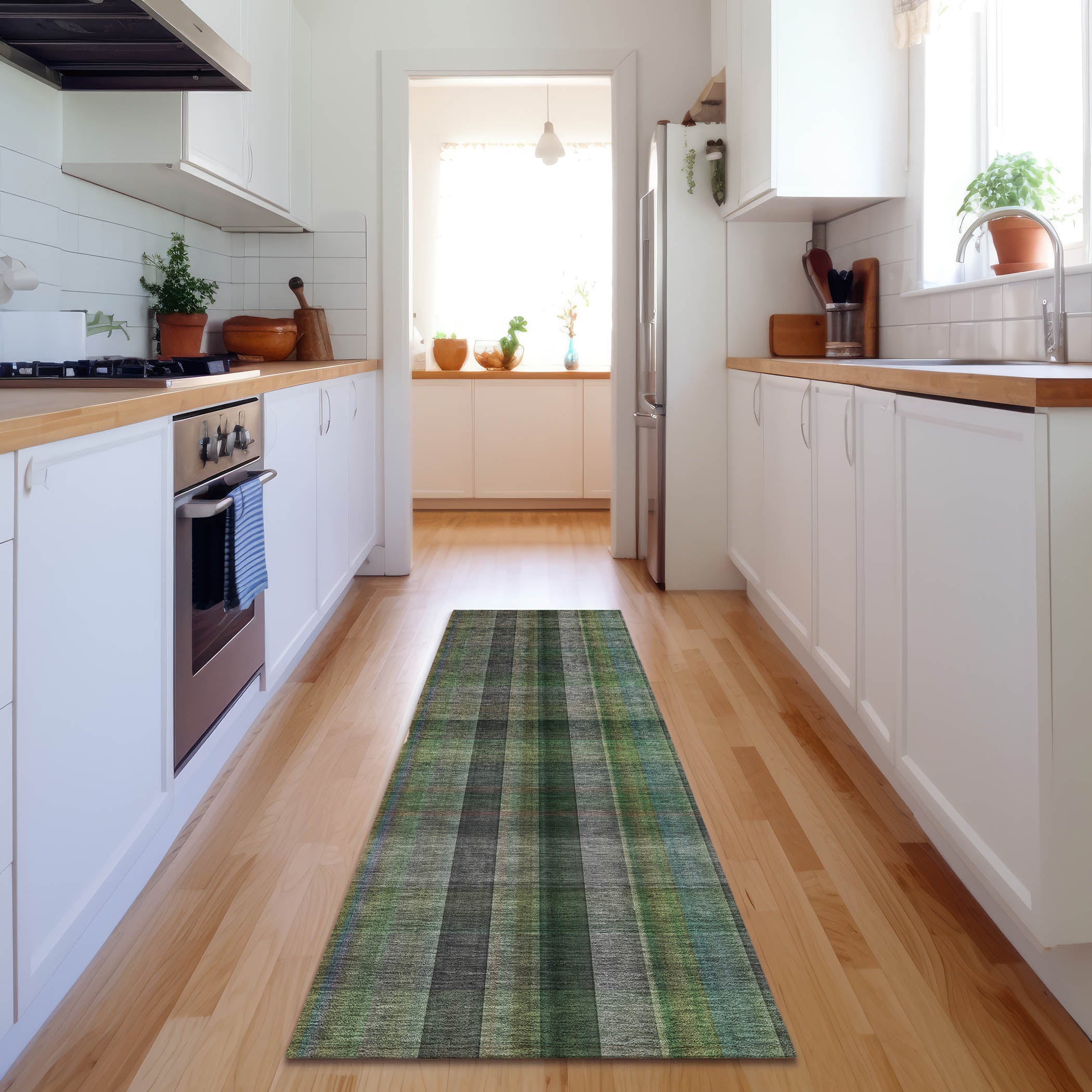 Havana Machine Washable Transitional Green Rug 2'3" x 7'6" #shape_Runner