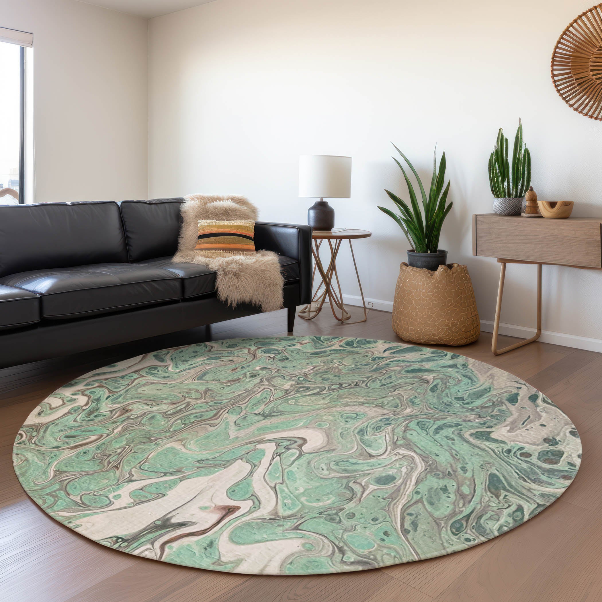 Salzburg Machine Washable Contemporary Mint Green Rug 8' x 8' #shape_Round