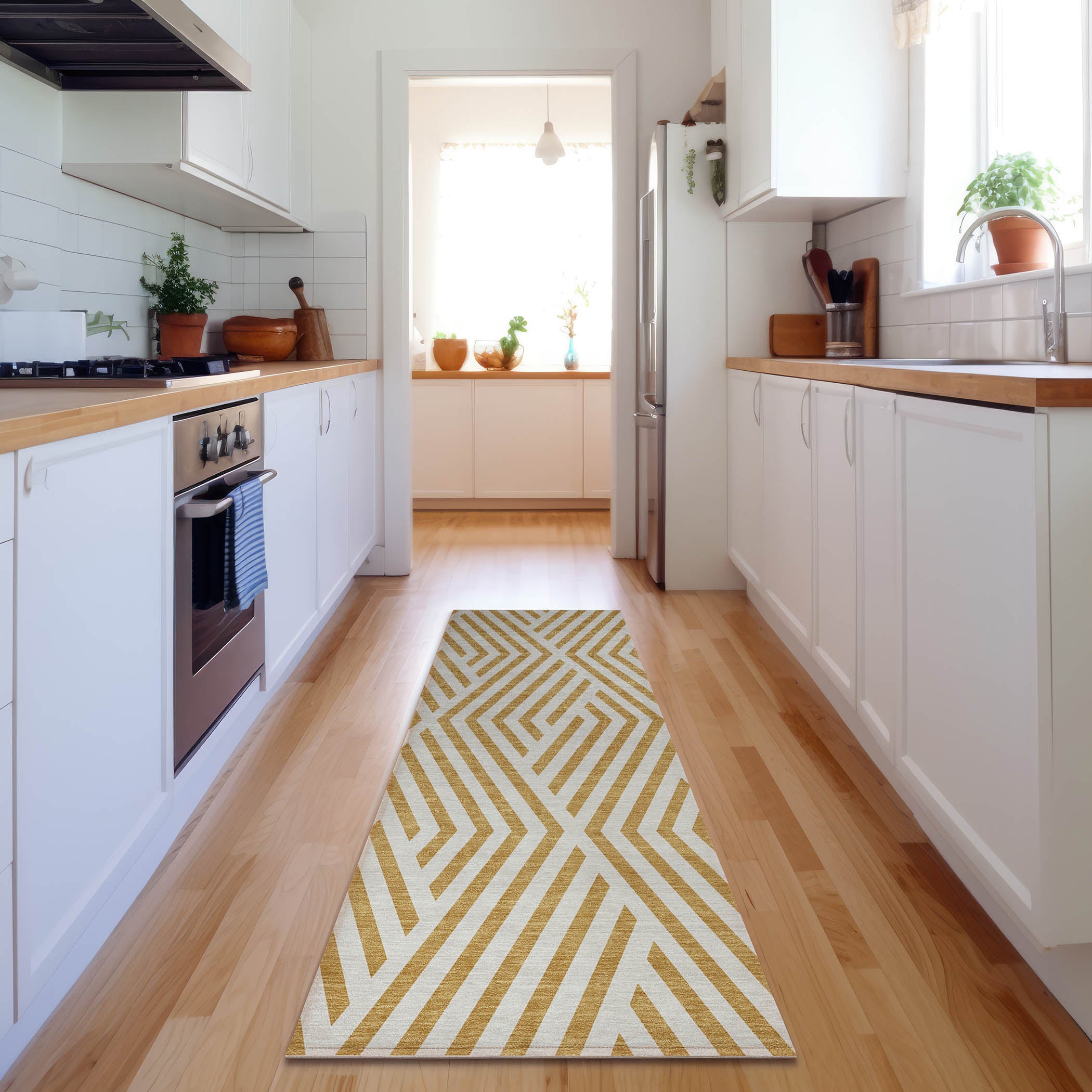 Oaxaca Machine Washable Transitional Gold Rug 2'3" x 7'6" #shape_Runner