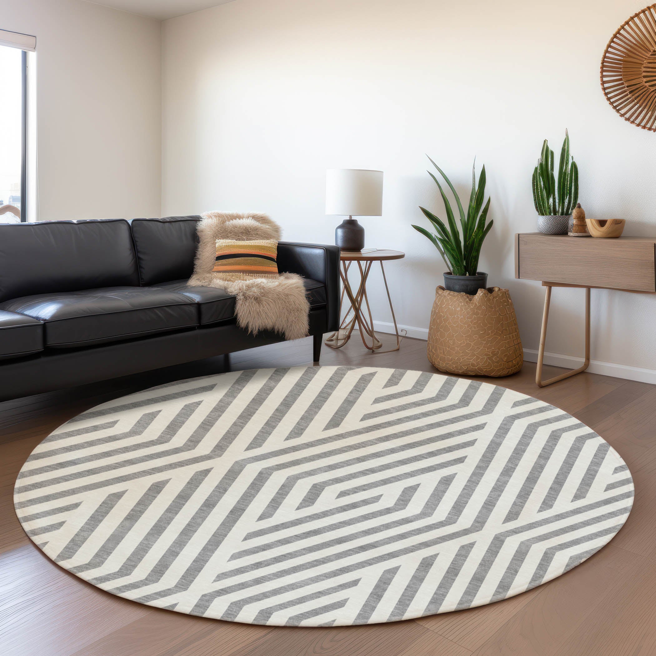 Oaxaca Machine Washable Transitional Gray Rug 8' x 8' #shape_Round