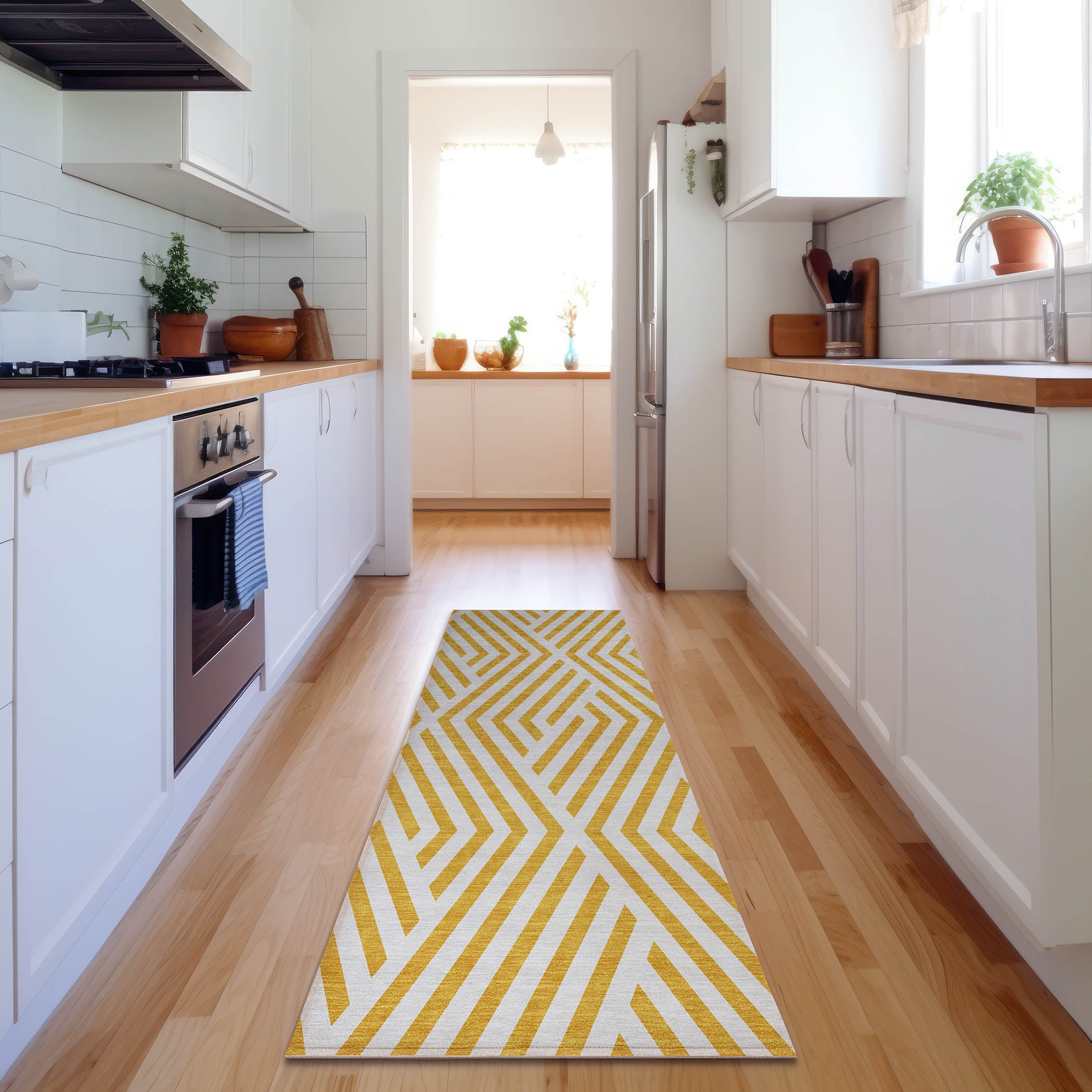 Oaxaca Machine Washable Transitional Yellow Gold Rug 2'3" x 7'6" #shape_Runner