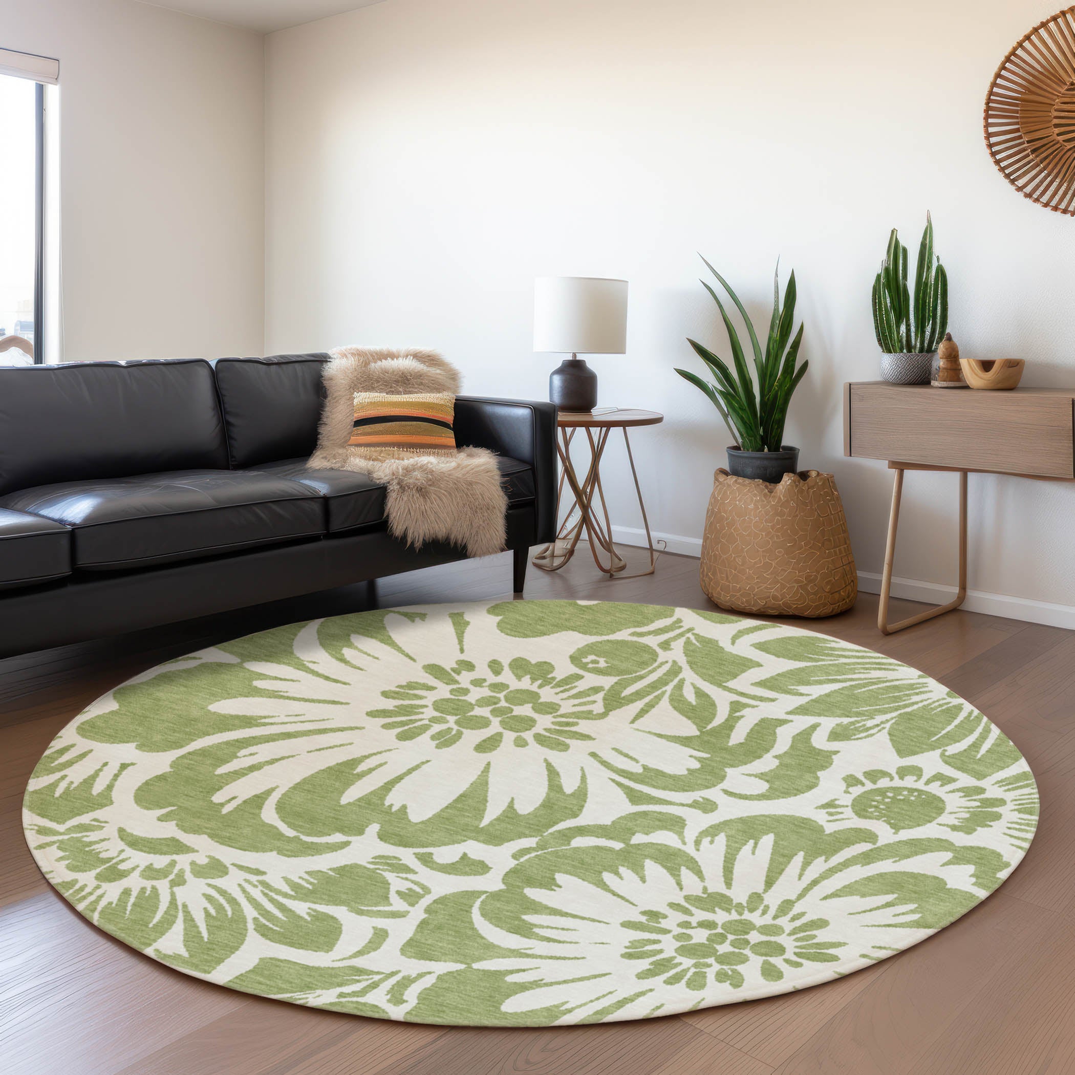 Cartagena Machine Washable Transitional Aloe Green Rug 8' x 8' #shape_Round
