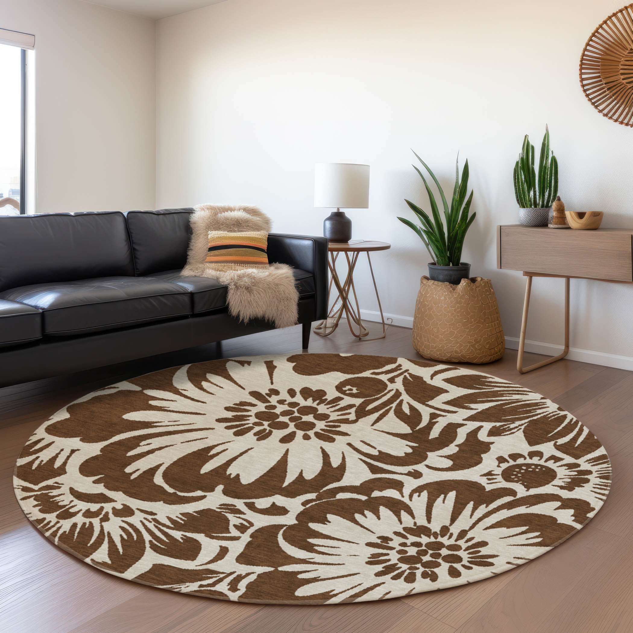 Cartagena Machine Washable Transitional Brown Rug 8' x 8' #shape_Round