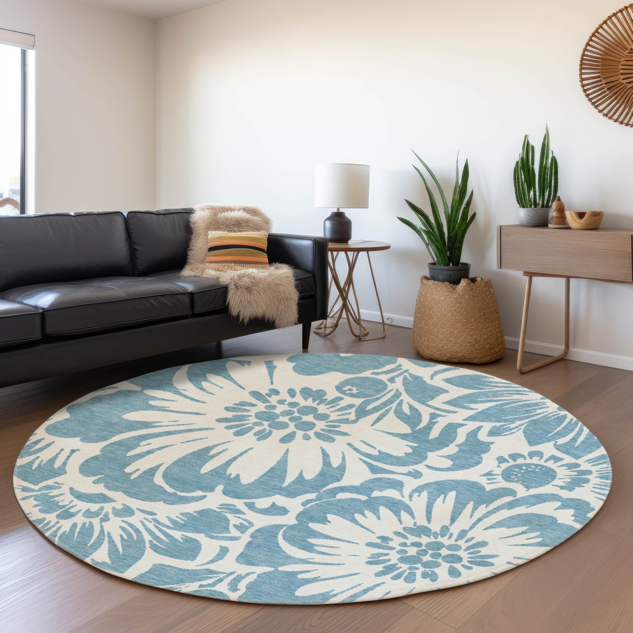 Cartagena Machine Washable Transitional Denim Blue Rug 8' x 8' #shape_Round