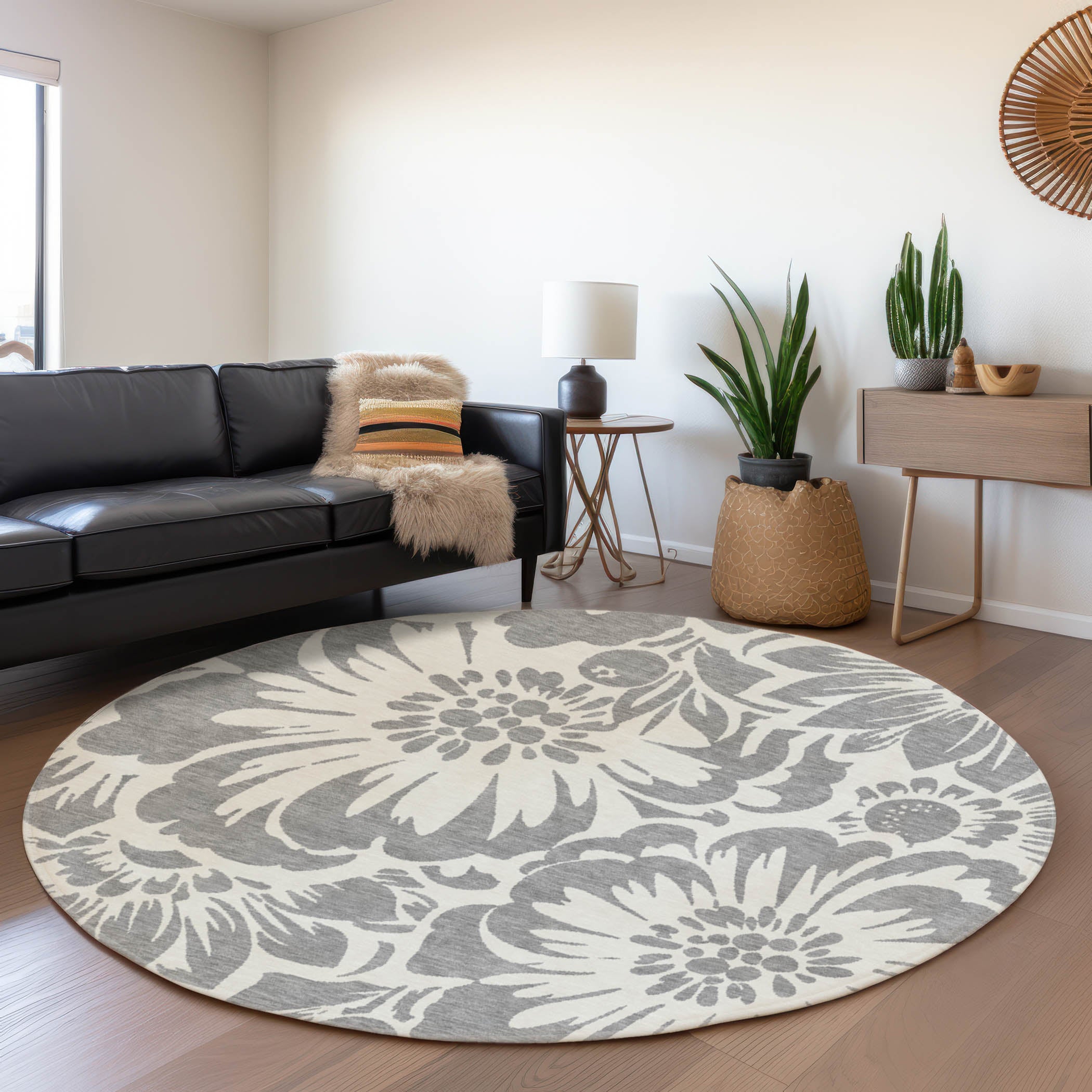 Cartagena Machine Washable Transitional Gray Rug 8' x 8' #shape_Round