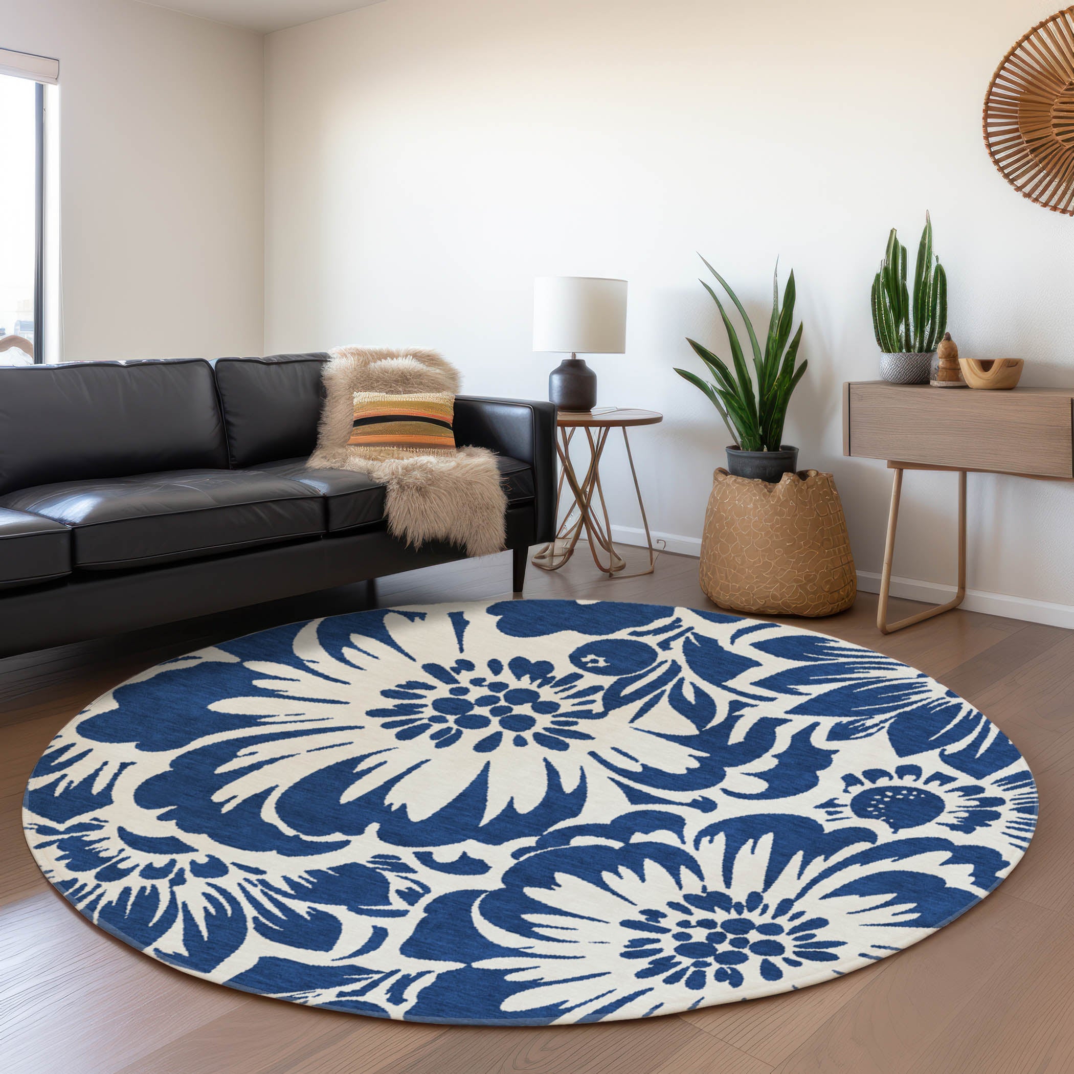 Cartagena Machine Washable Transitional Navy Blue Rug 8' x 8' #shape_Round