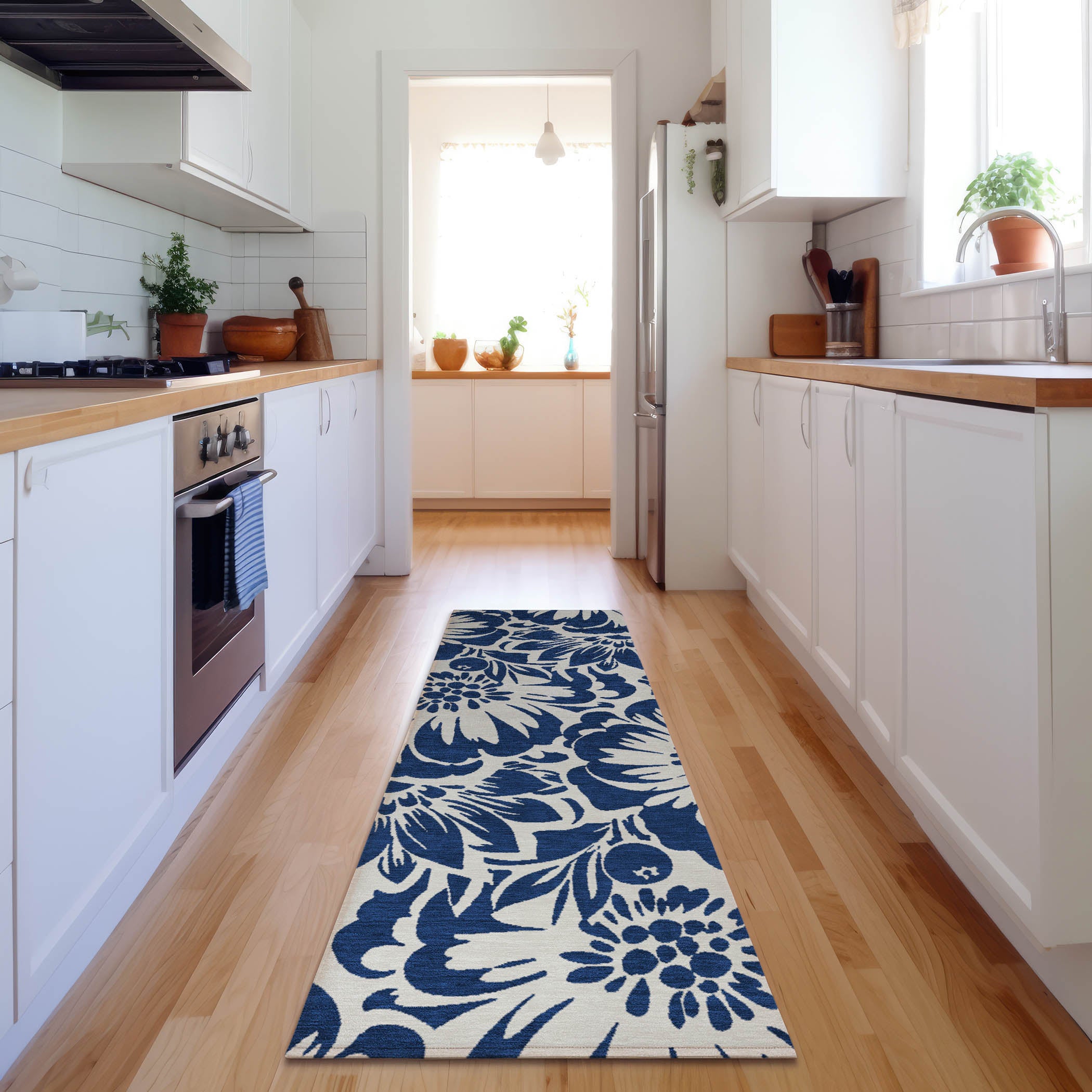 Cartagena Machine Washable Transitional Navy Blue Rug 2'3" x 7'6" #shape_Runner