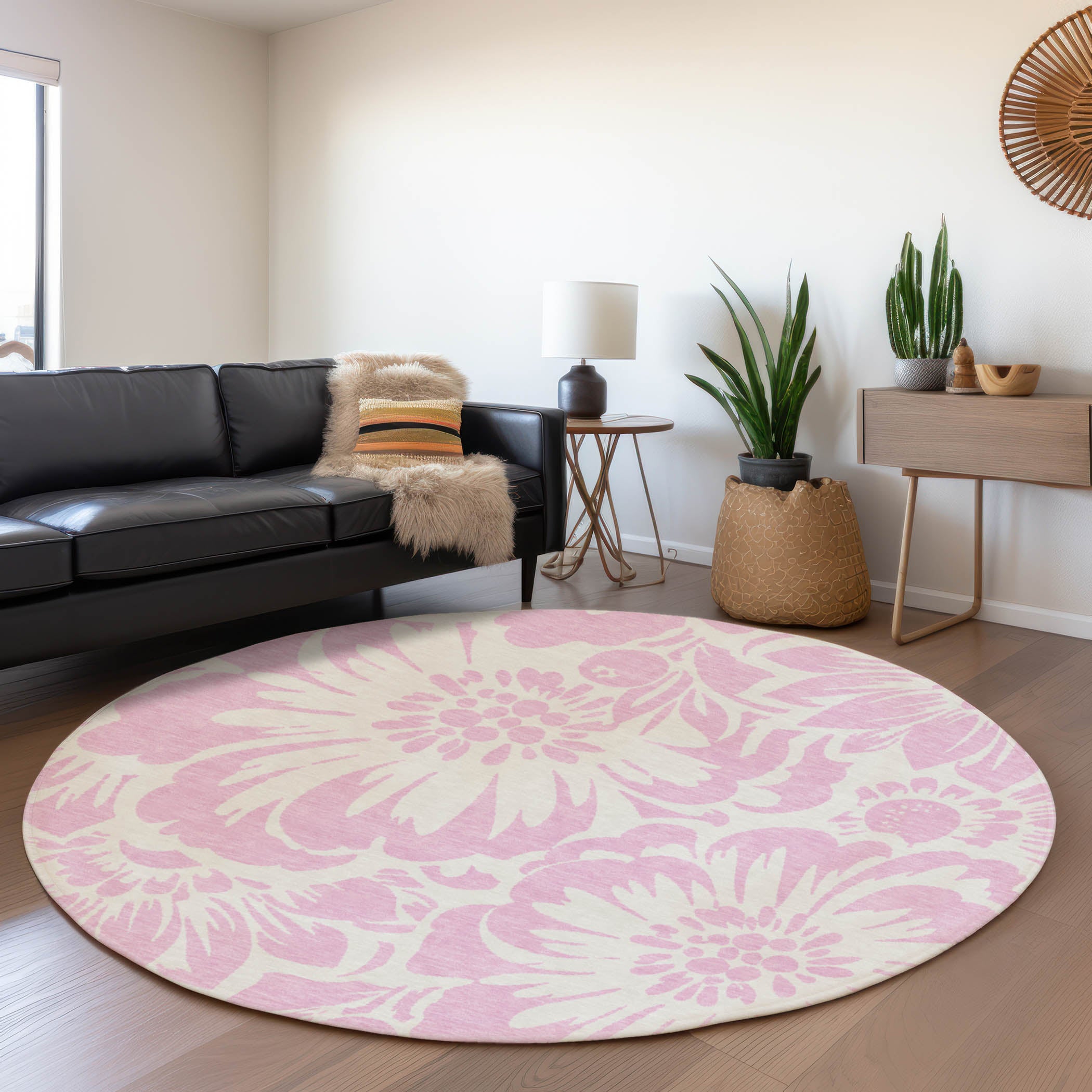 Cartagena Machine Washable Transitional Pink Rug 8' x 8' #shape_Round