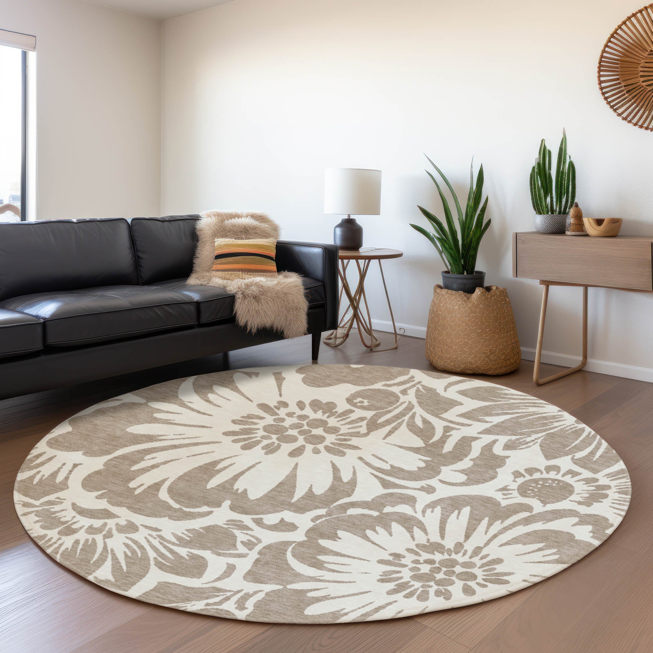 Cartagena Machine Washable Transitional Taupe Brown Rug 8' x 8' #shape_Round