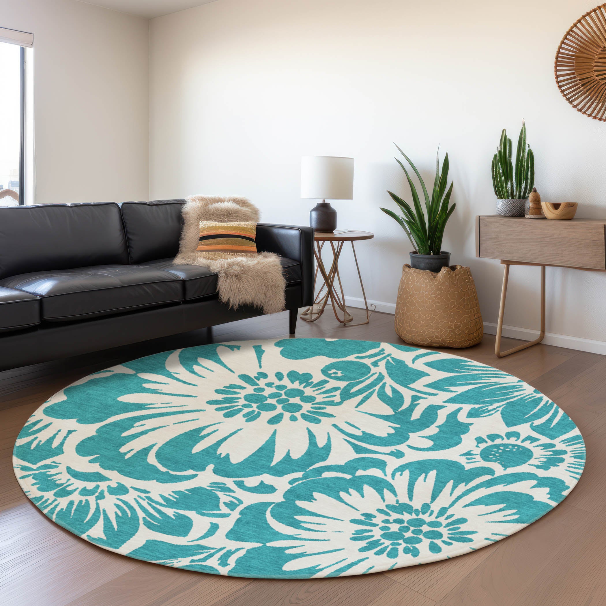Cartagena Machine Washable Transitional Teal Rug 8' x 8' #shape_Round