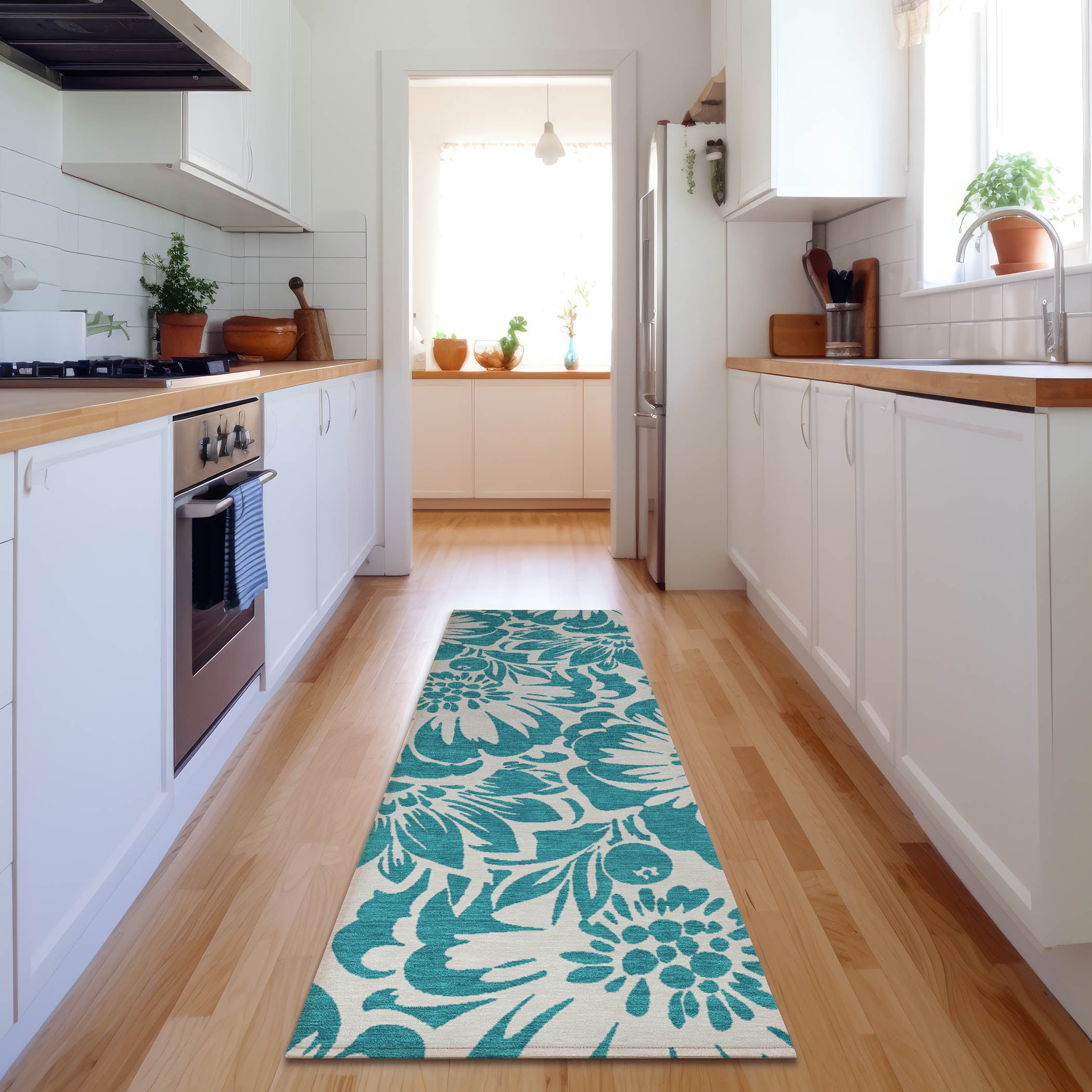 Cartagena Machine Washable Transitional Teal Rug 2'3" x 7'6" #shape_Runner