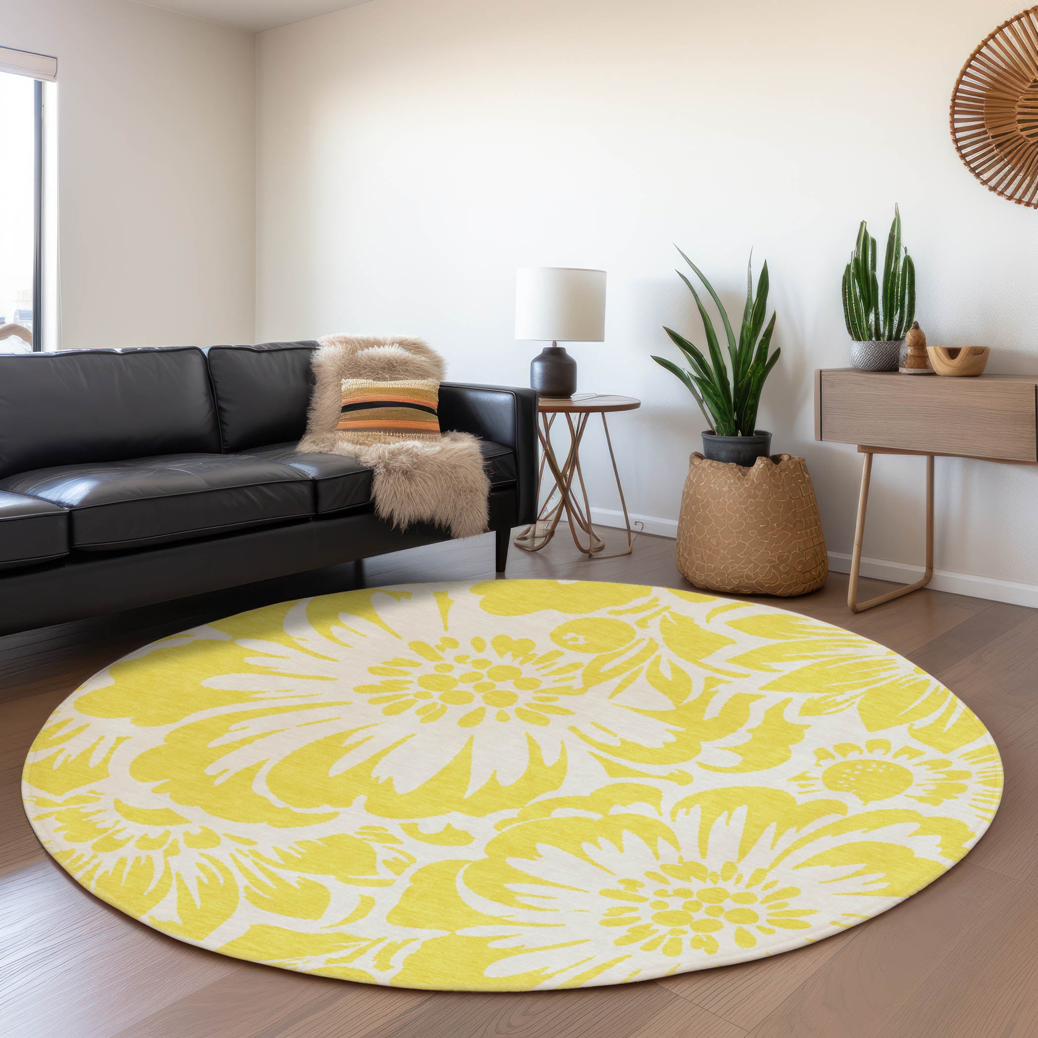 Cartagena Machine Washable Transitional Yellow Gold Rug 8' x 8' #shape_Round